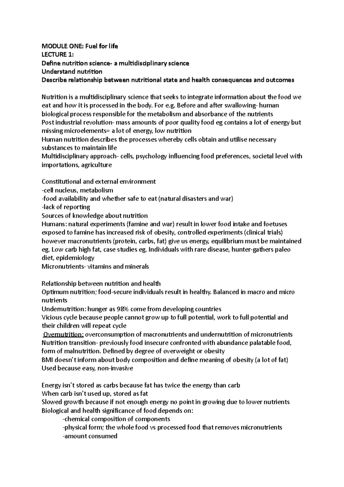 1001 notes MODULE ONE Fuel for life LECTURE 1 Define nutrition