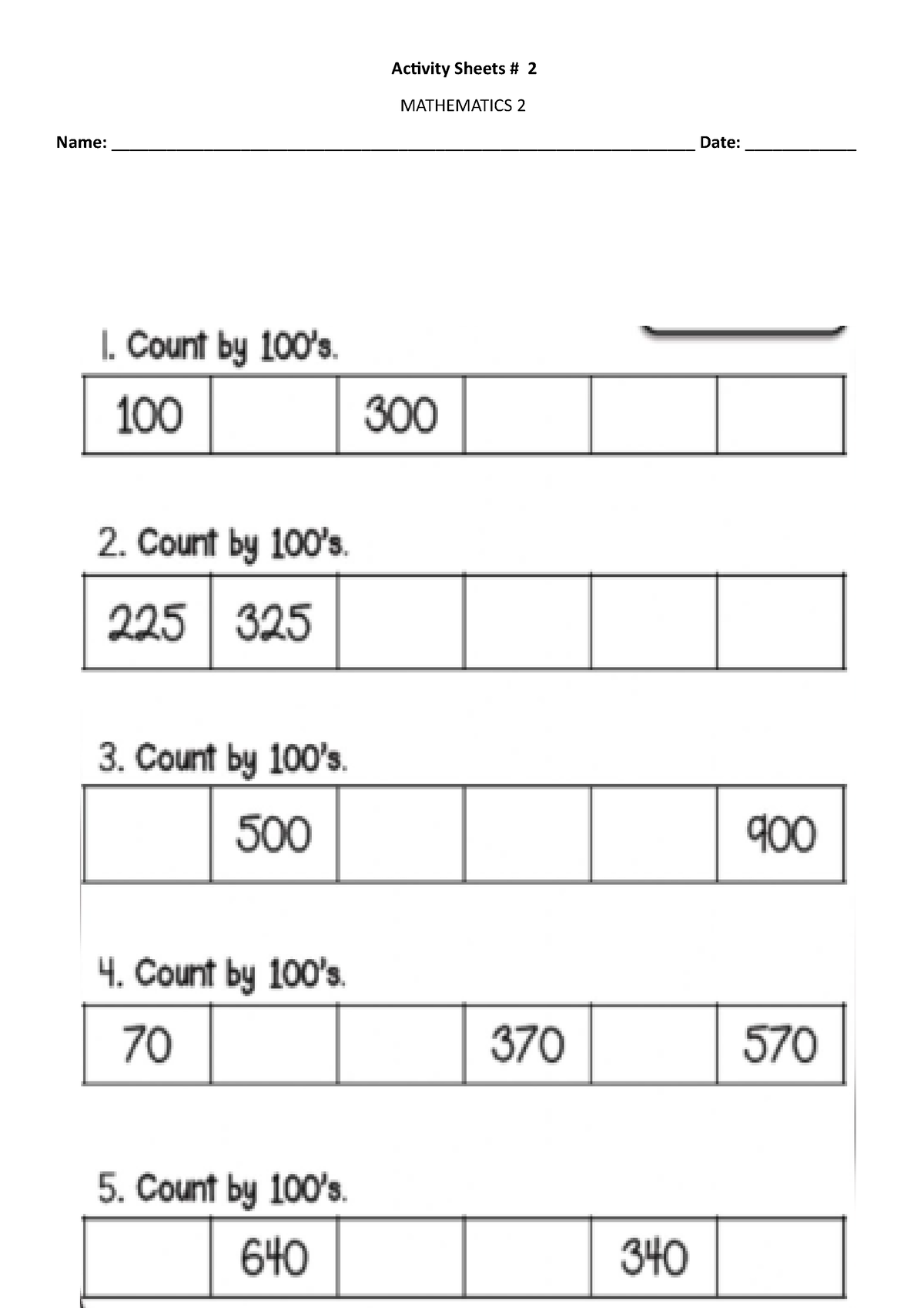 Activity Sheets for Pupils - Activity Sheets # 2 MATHEMATICS 2 Name ...