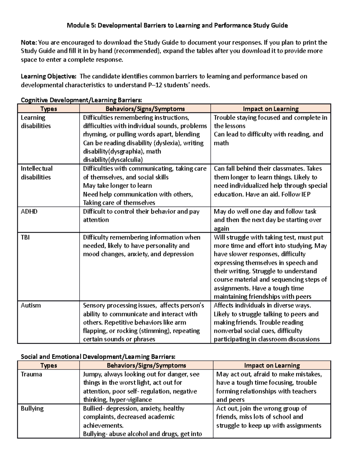 Stg 5 - REVIEW - Module 5: Developmental Barriers to Learning and ...