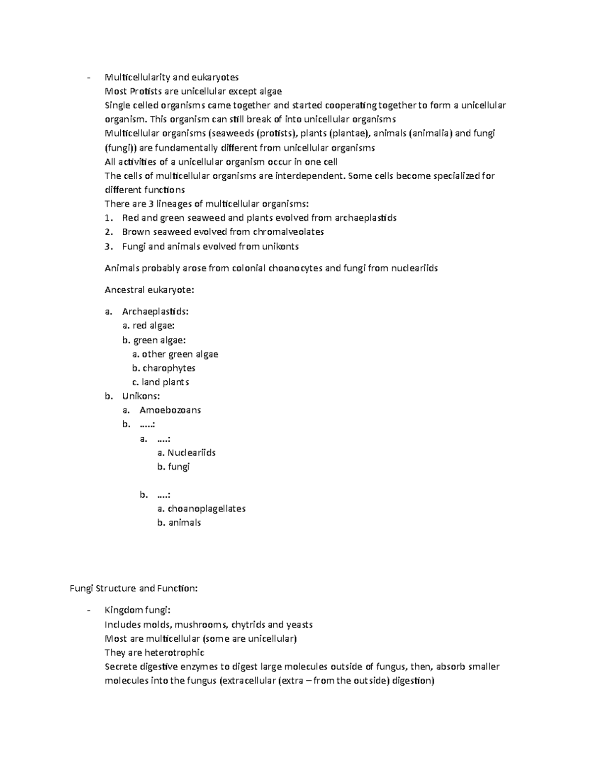 Bio 1010 notes pt 2 Protists to the end - Multicellularity and ...