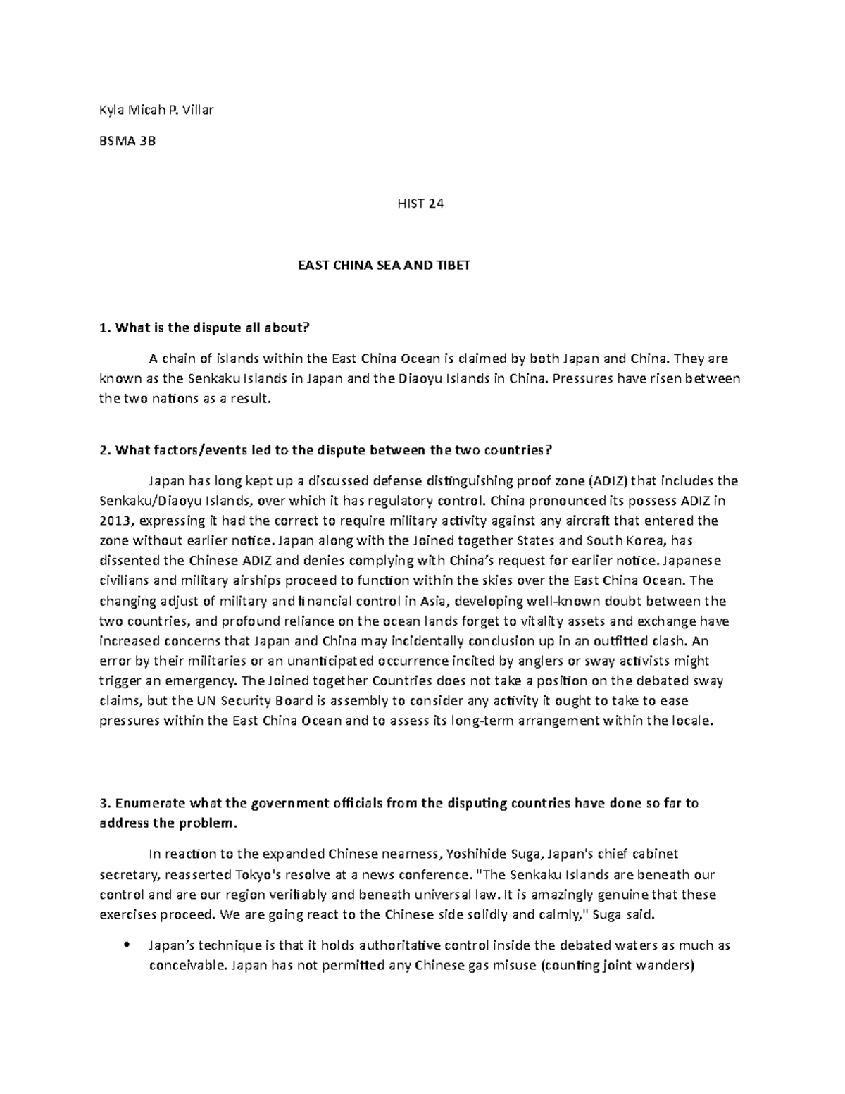 Hist-dis - Kyla Micah P. Villar BSMA 3B HIST 24 EAST CHINA SEA AND ...