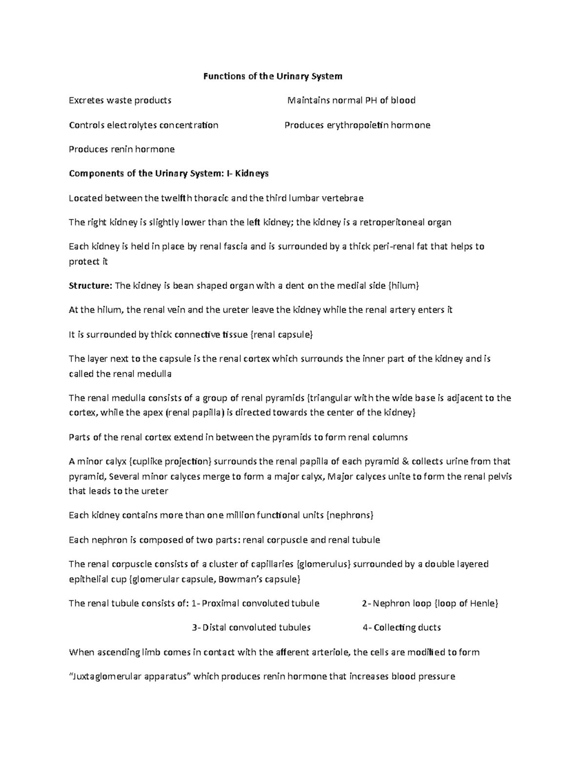 HO-E - Lecture notes - Functions of the Urinary System Excretes waste ...