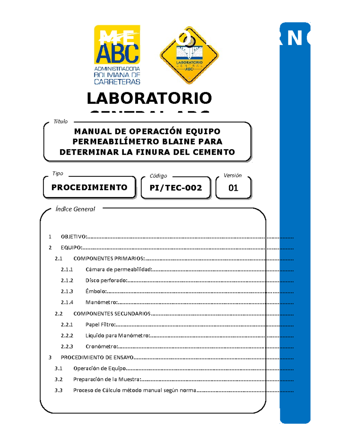 Manual De Operación Blaine - LABORATORIO CENTRAL ABC MANUAL DE ...