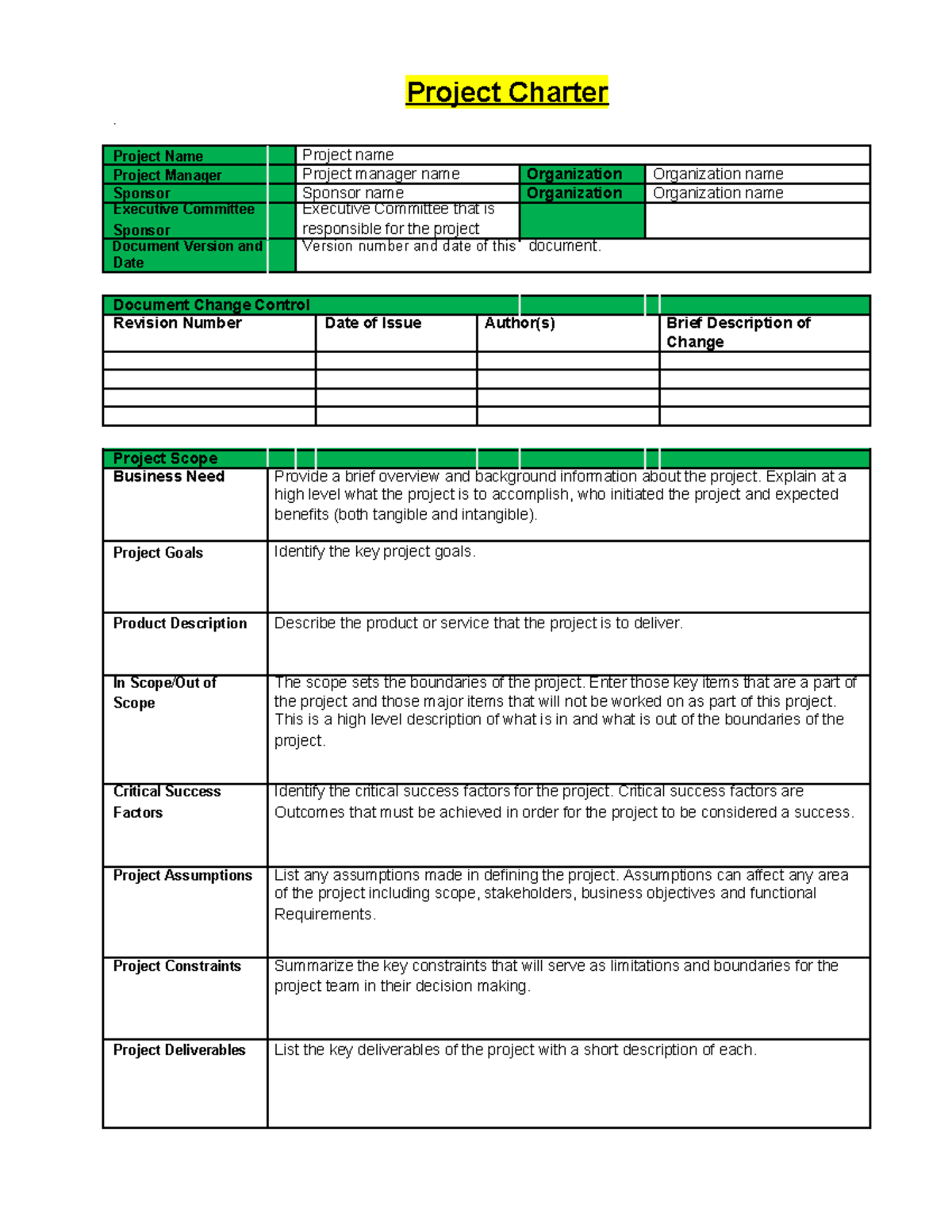 Project Charter Template 01 - Project Charter . Project Name Project ...