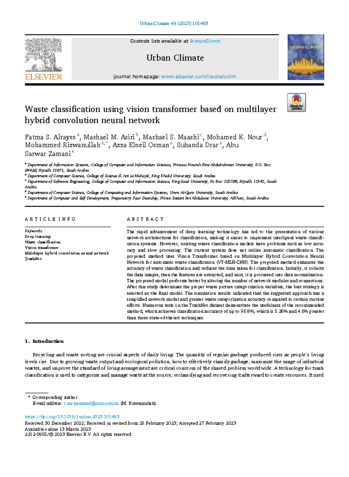 Waste classification using vision transformer based on multilayer ...