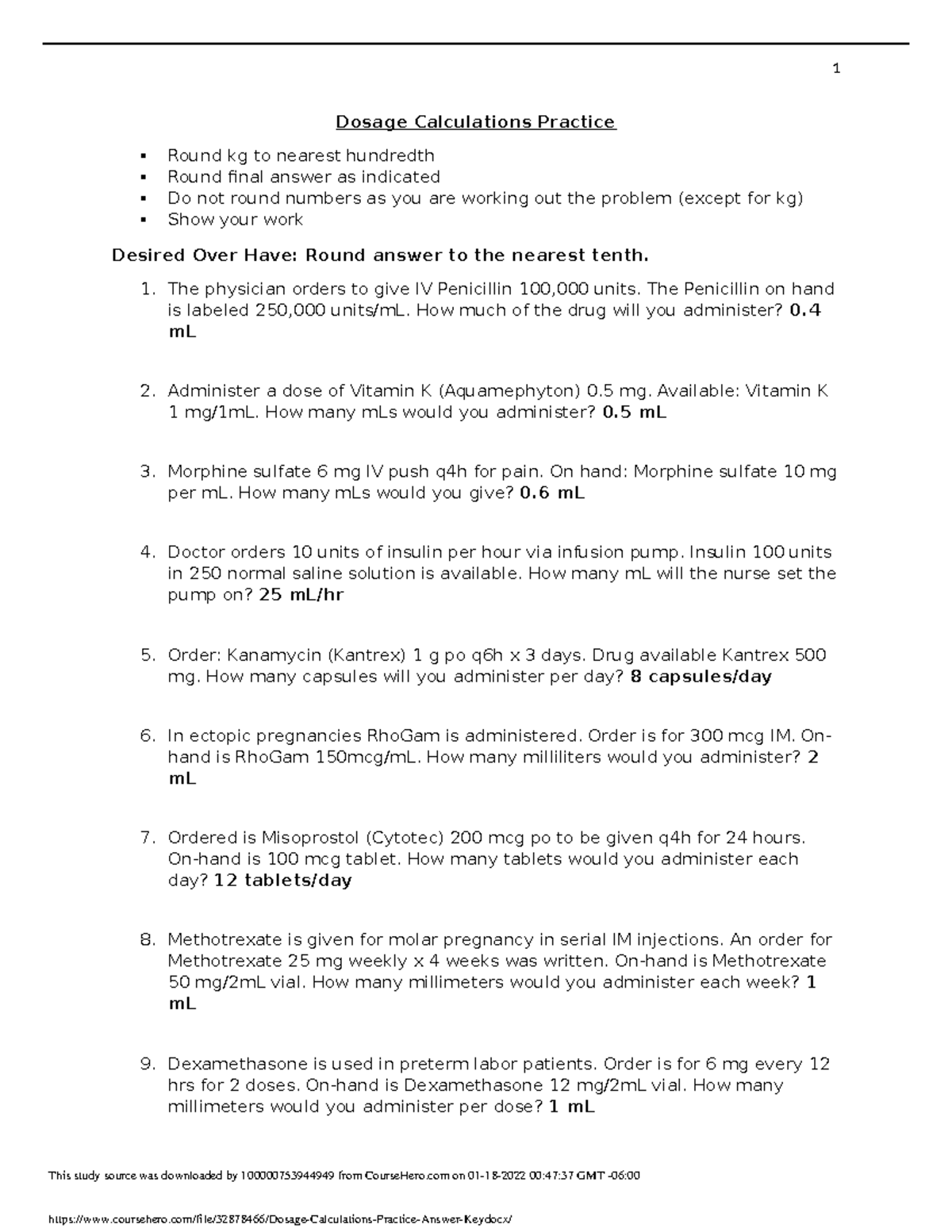 Dosage Calculations Practice Answer Key - Dosage Calculations Practice   Round kg to nearest - Studocu