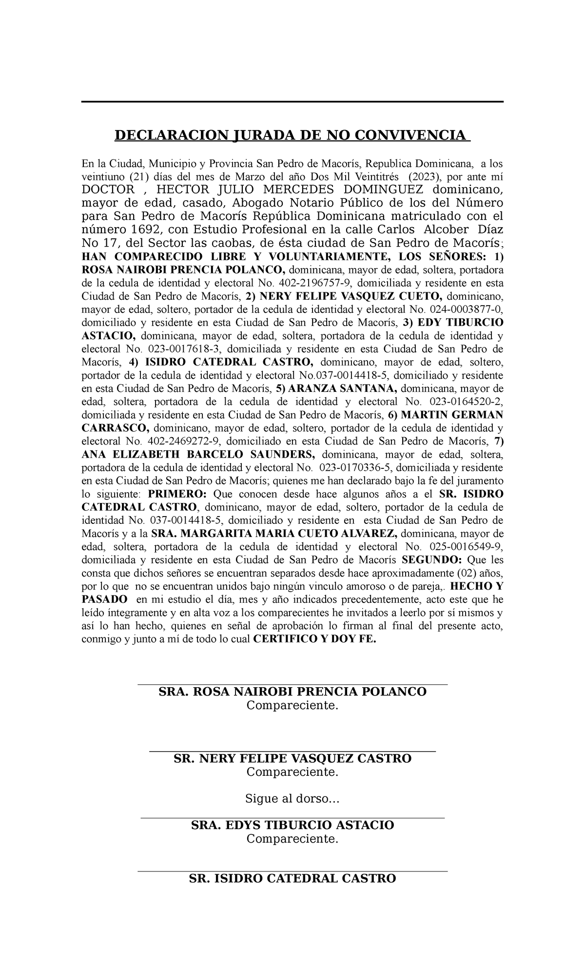 Declaracion Jurada - DECLARACION JURADA DE NO CONVIVENCIA En la Ciudad ...
