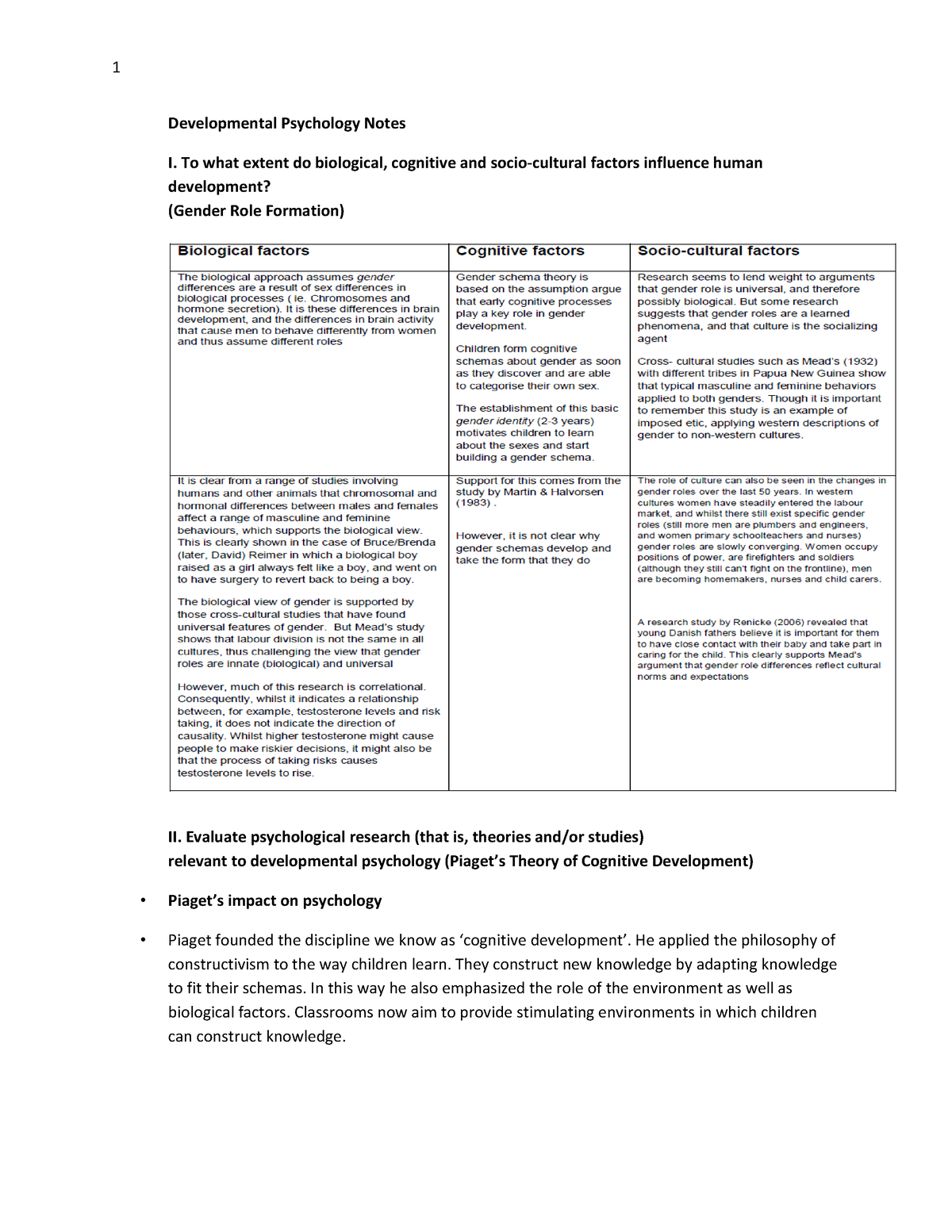 Developmental Psychology Notes 1 - To What Extent Do Biological ...