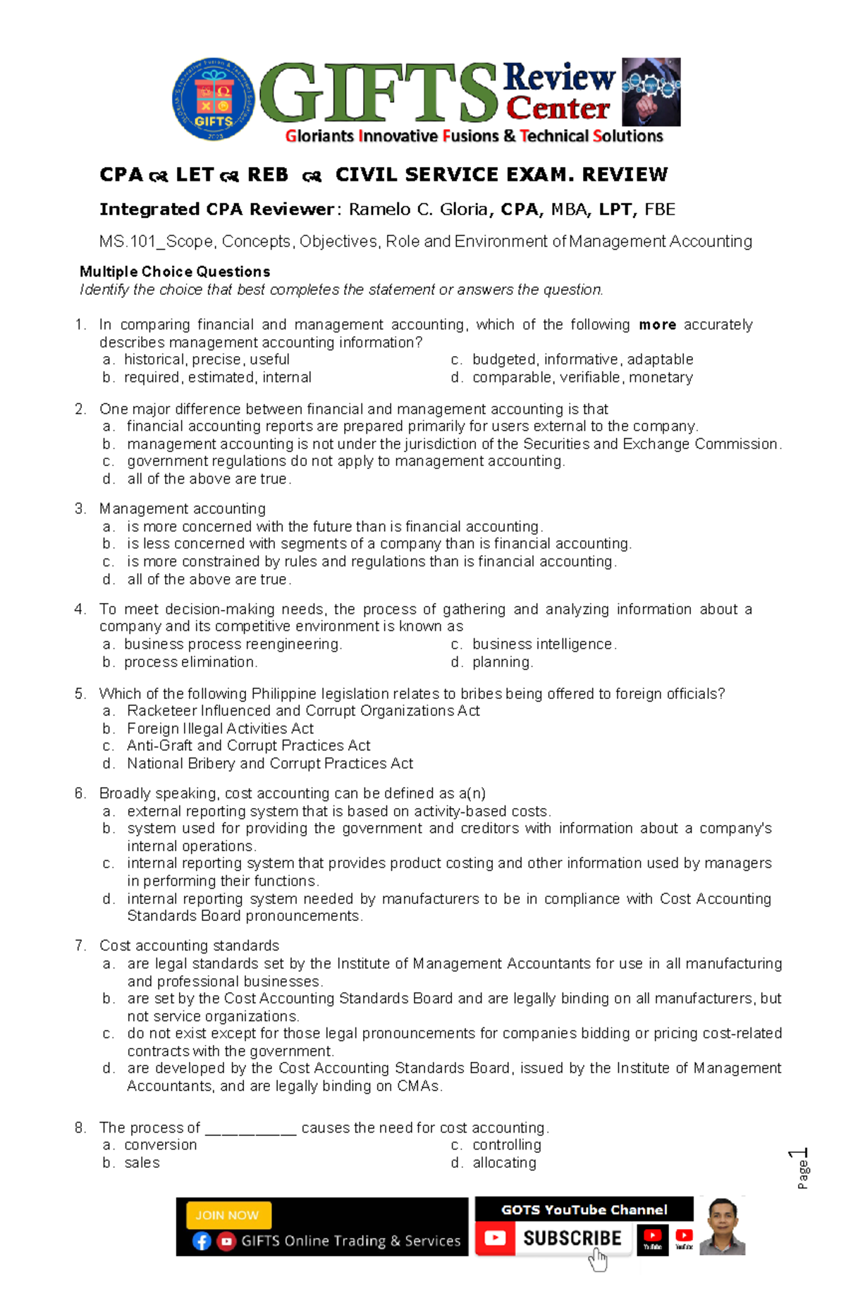 MANAGEMENT ADVISORY SERVICES 1 - 1 CPA LET REB CIVIL SERVICE EXAM ...