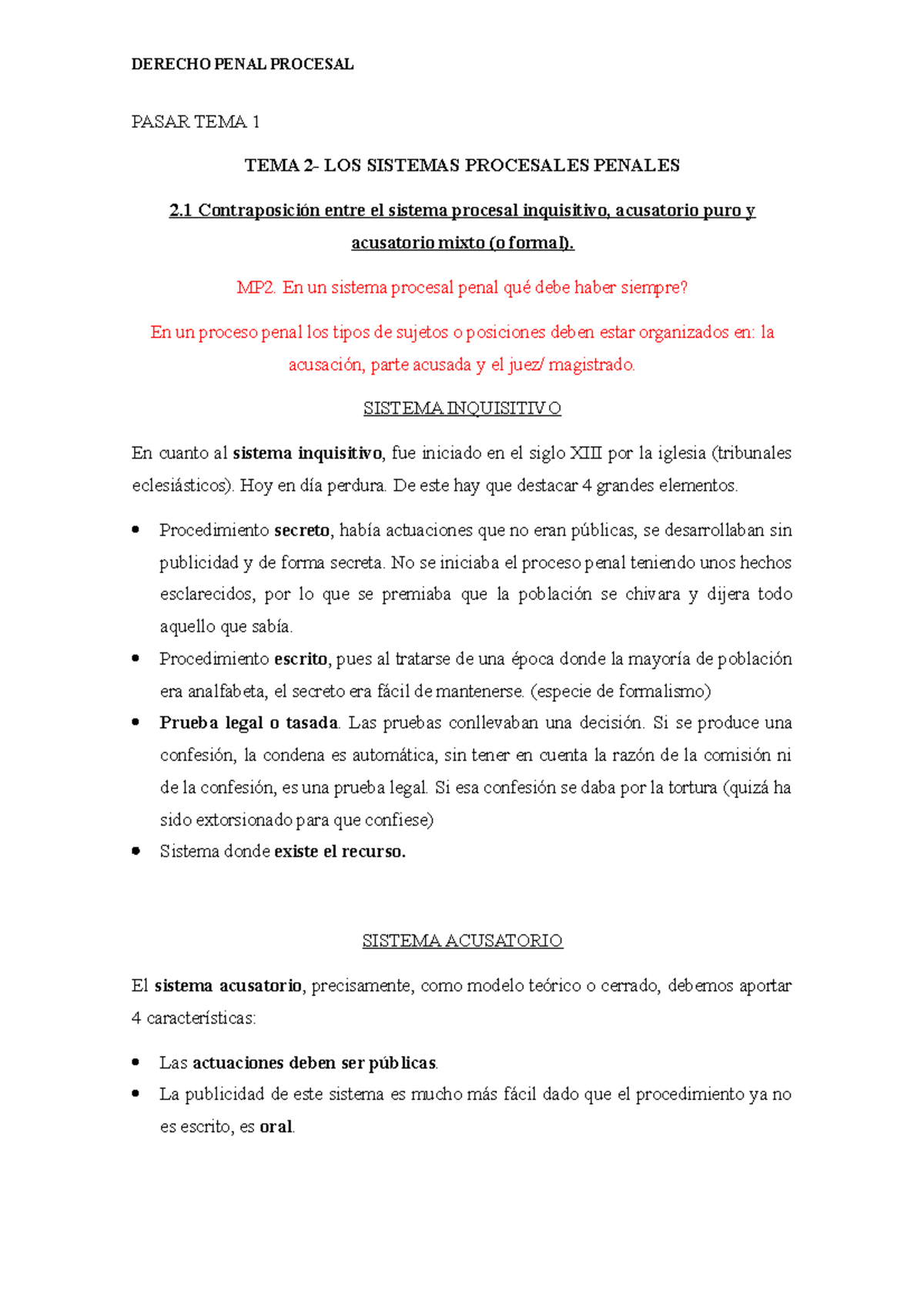 Procesal Penal tema 2 - PASAR TEMA 1 TEMA 2- LOS SISTEMAS PROCESALES ...