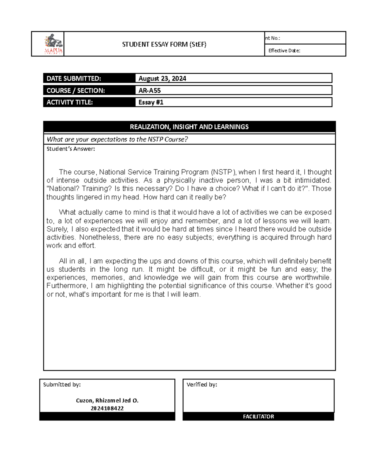 Cuzon Essay#1 A55 - Essay for first week as a freshman in mapua ...