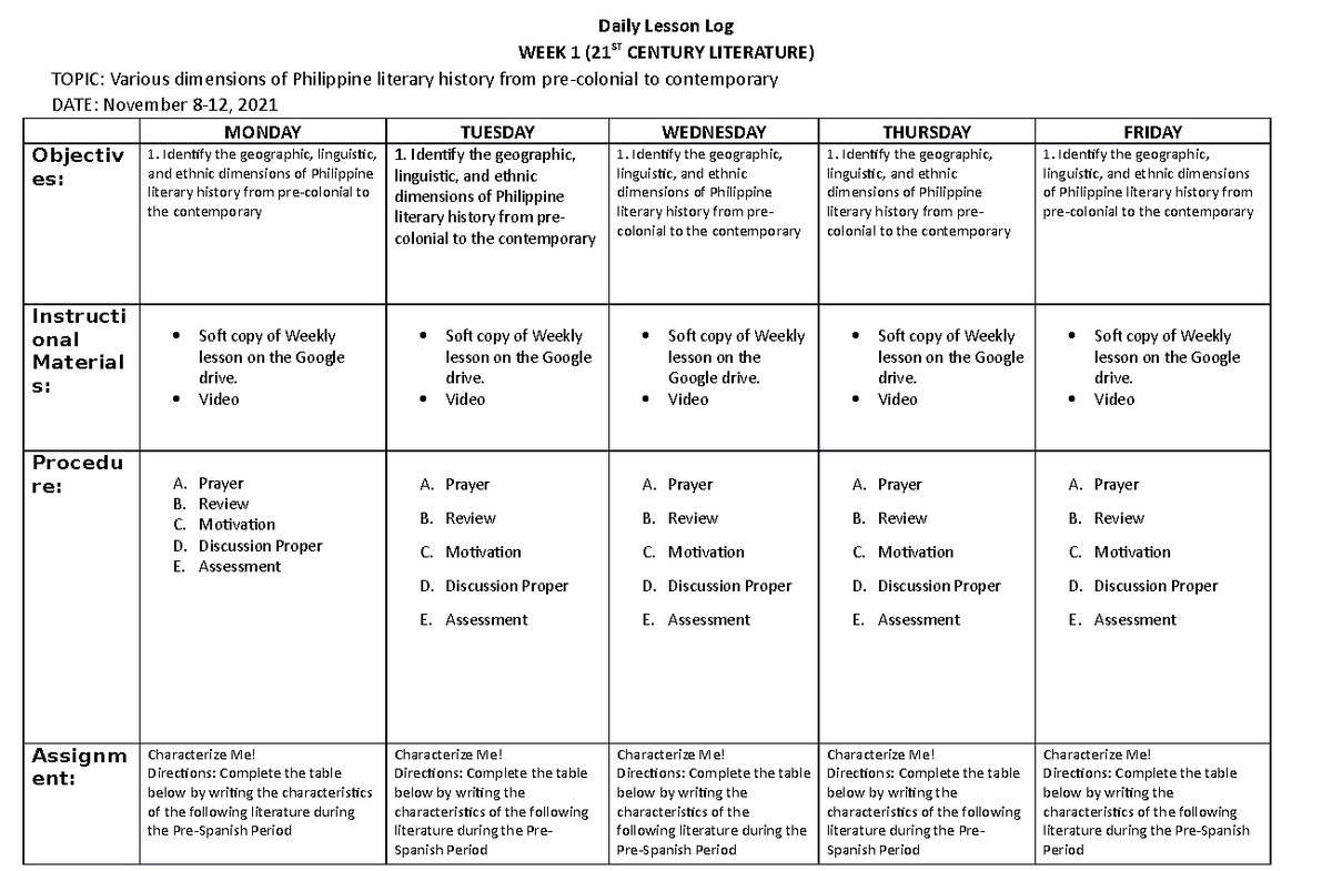 WEEK 1-2 21ST Centuryphilosophy - Daily Lesson Log WEEK 1 (21ST CENTURY ...