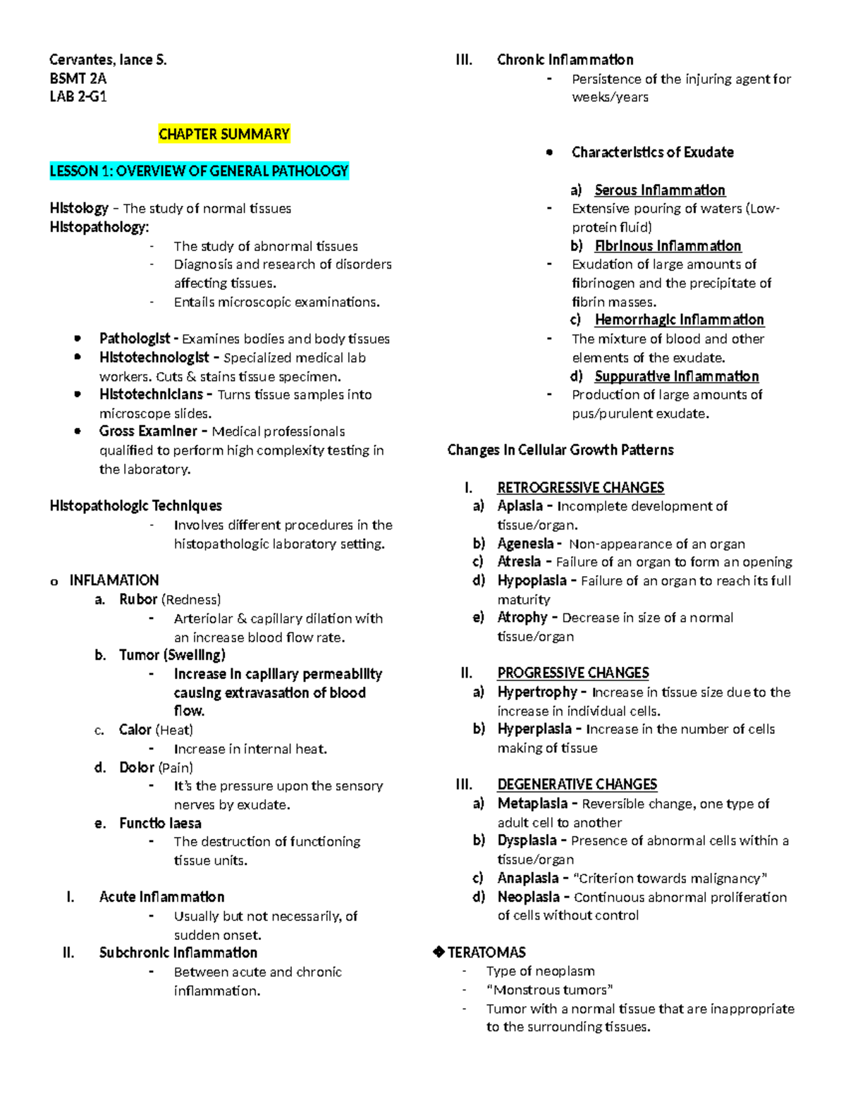Histopath Overview of General Pathology - Cervantes, lance S. BSMT 2A ...