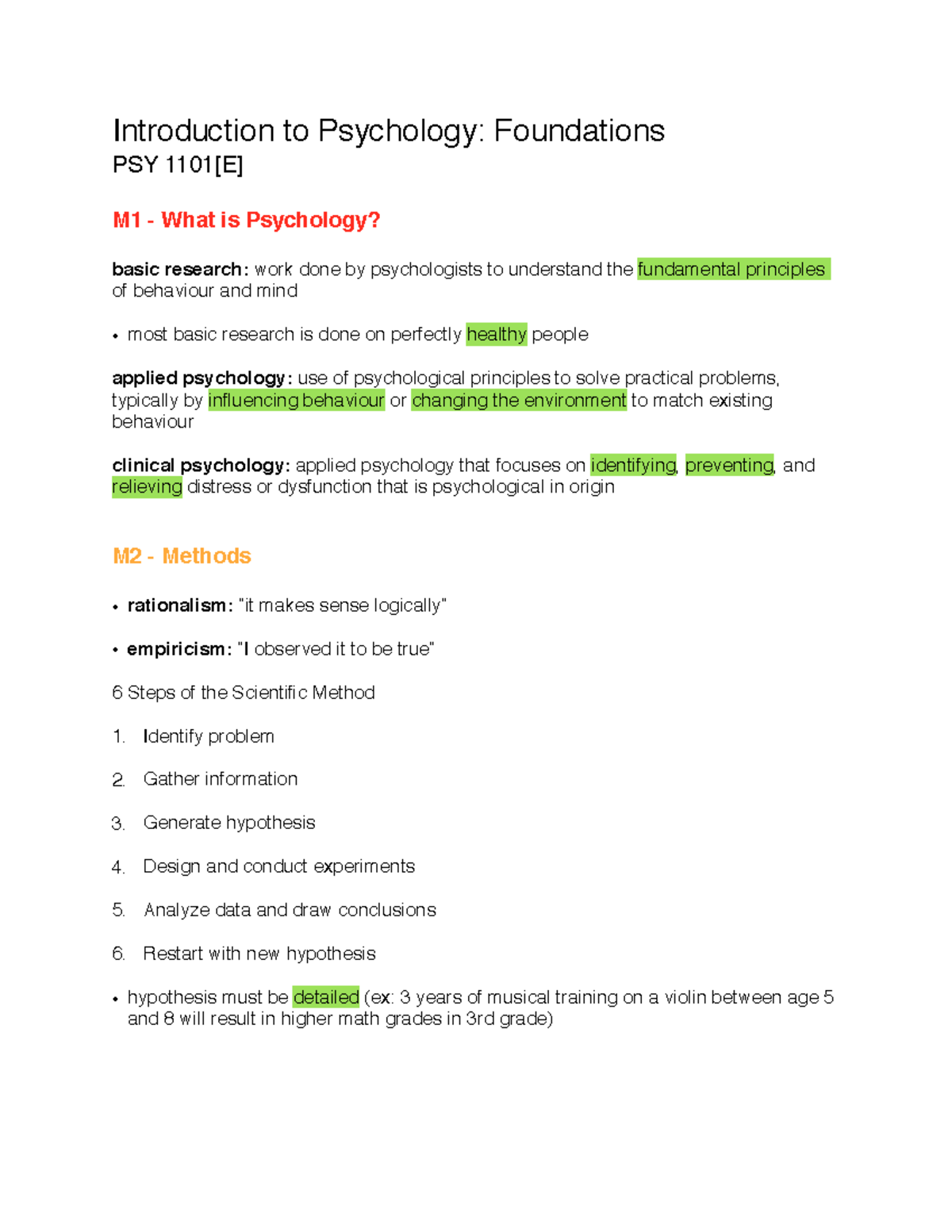 PSY 1101 Notes - Introduction To Psychology: Foundations PSY M1 What Is ...