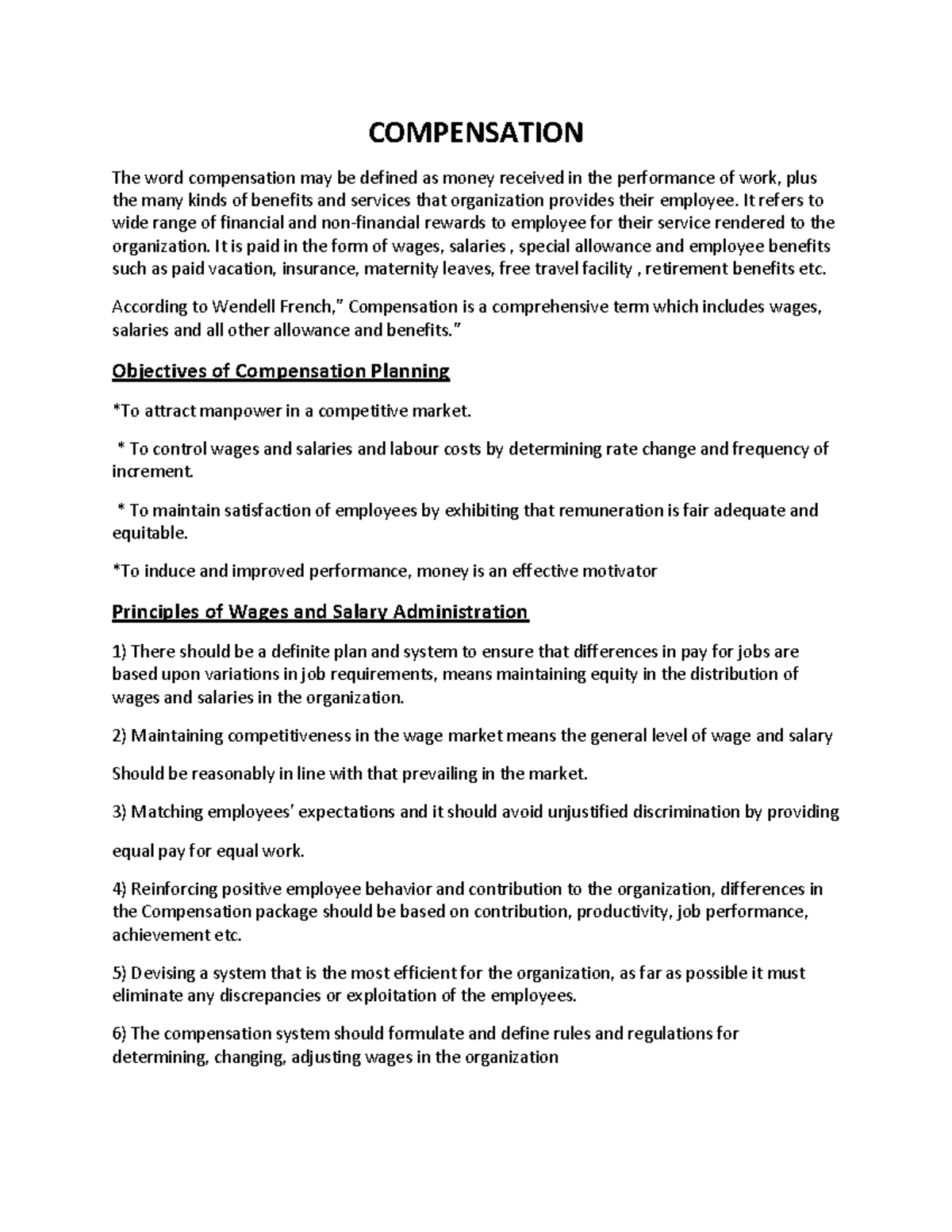 Compensation Materials COMPENSATION The word compensation may be defined as money received