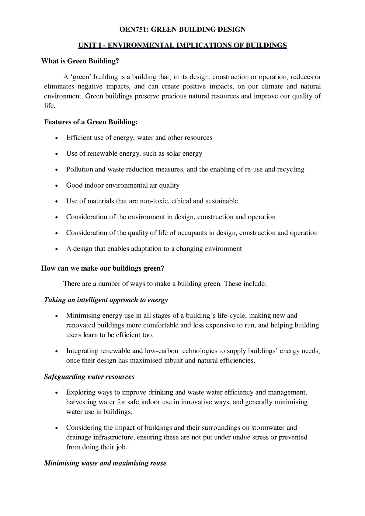 GBD UNIT I - Unit 1 Notes - OEN751: GREEN BUILDING DESIGN UNIT I ...