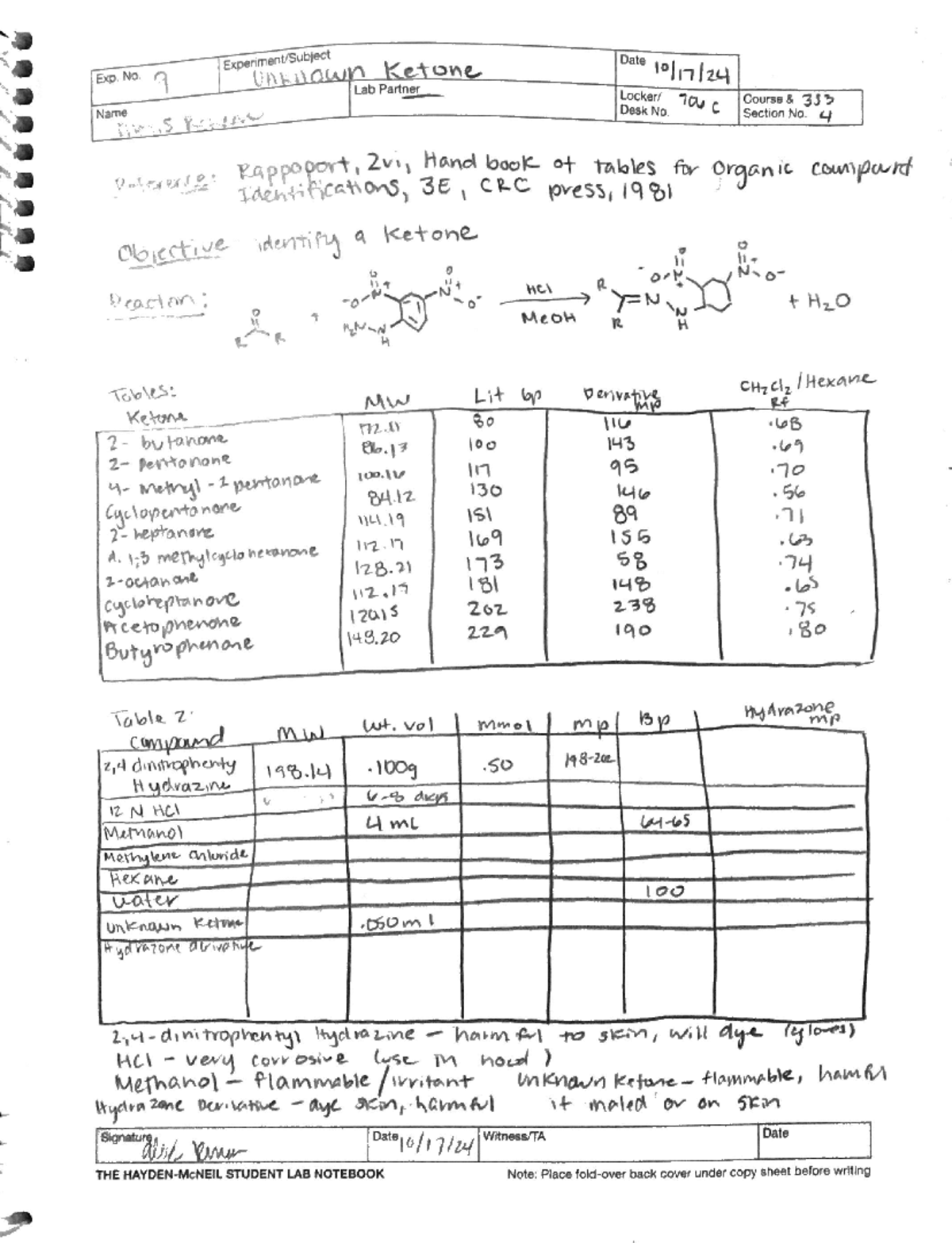 2024-10-22 23-54 - UK Lab - Exp. No. 9 Unknown Ketone Date Lab Partner ...