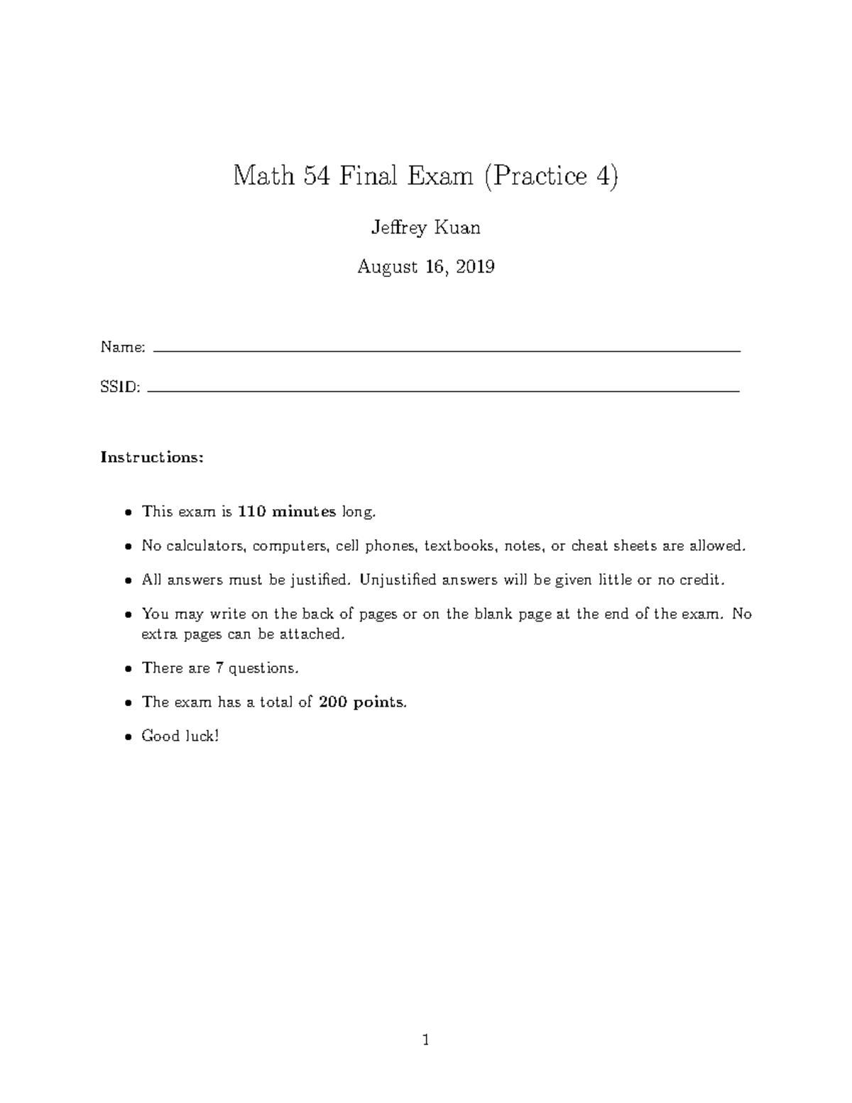 Math 54 Final Practice 4 - Math 54 Final Exam (Practice 4) Jeffrey Kuan ...