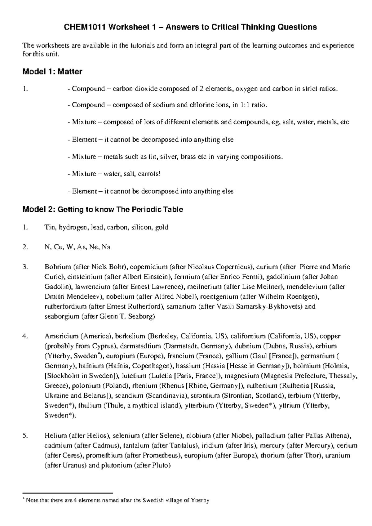 Tutorial 01 - Answers - CHEM1011 Worksheet 1 – Answers to Critical ...