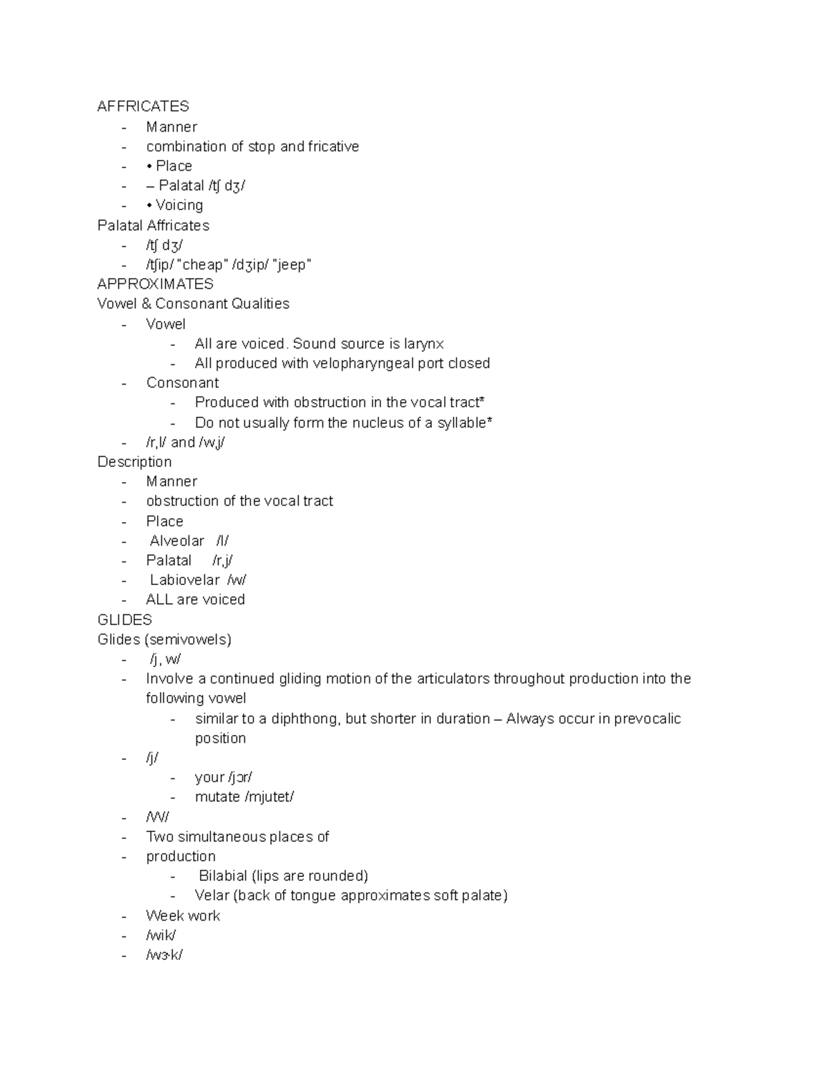 Phonetics, affricates, fricatives and glides - AFFRICATES Manner ...