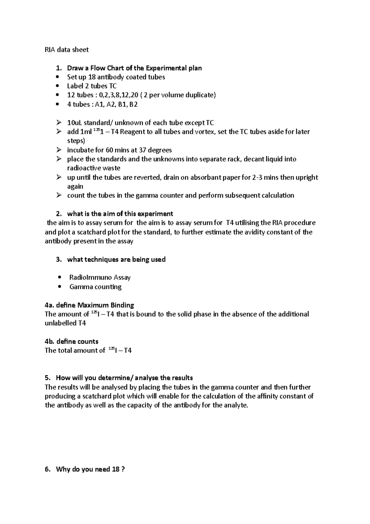 RIA data sheet - RIA data sheet Draw a Flow Chart of the Experimental ...