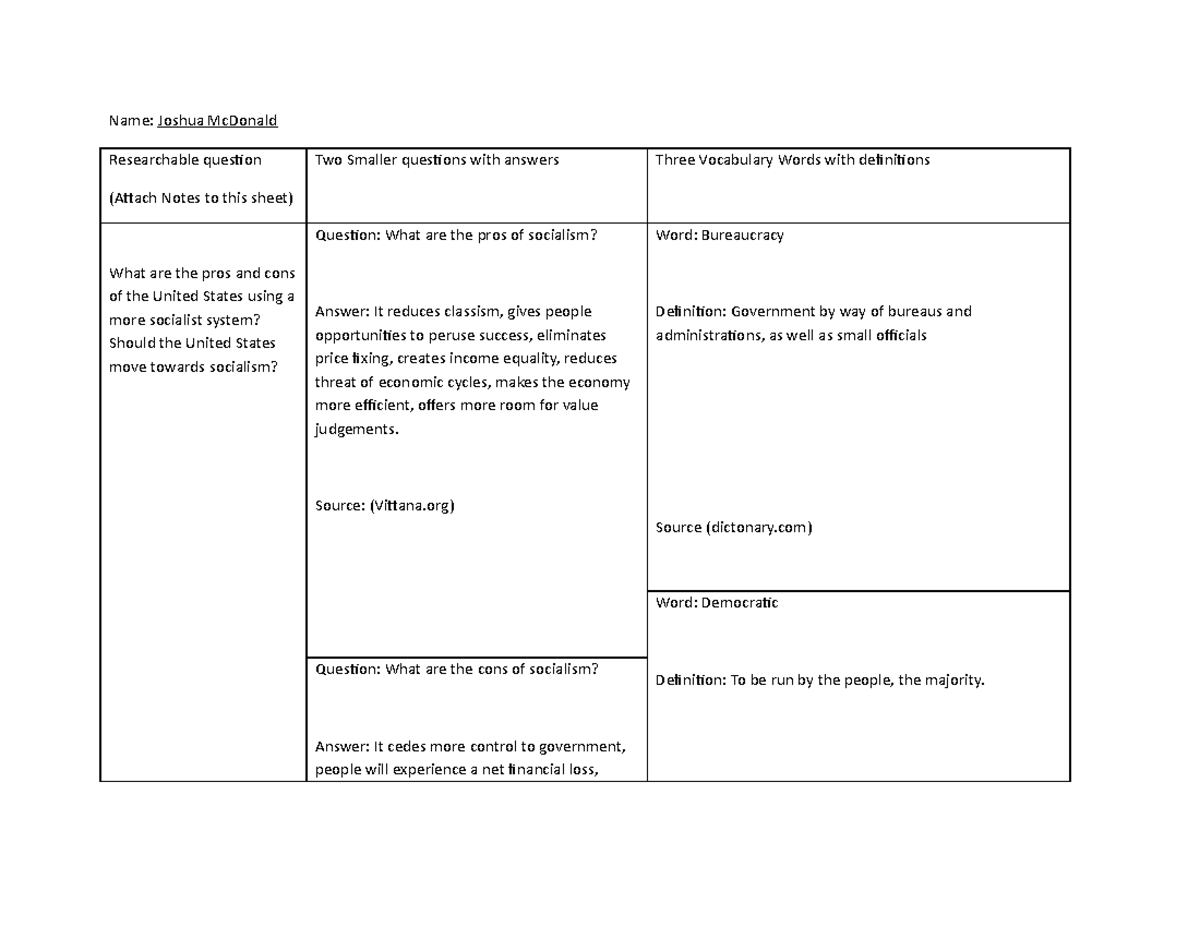 Chart template for american socialism - Name: Joshua McDonald ...