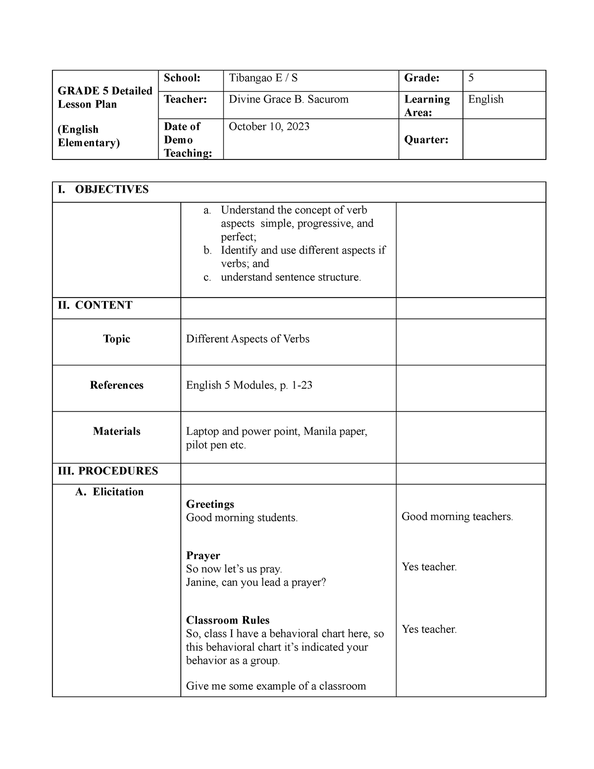 Grade 5 Detailed Lesson Plan Grade 5 Detailed Lesson Plan English Elementary School 3340