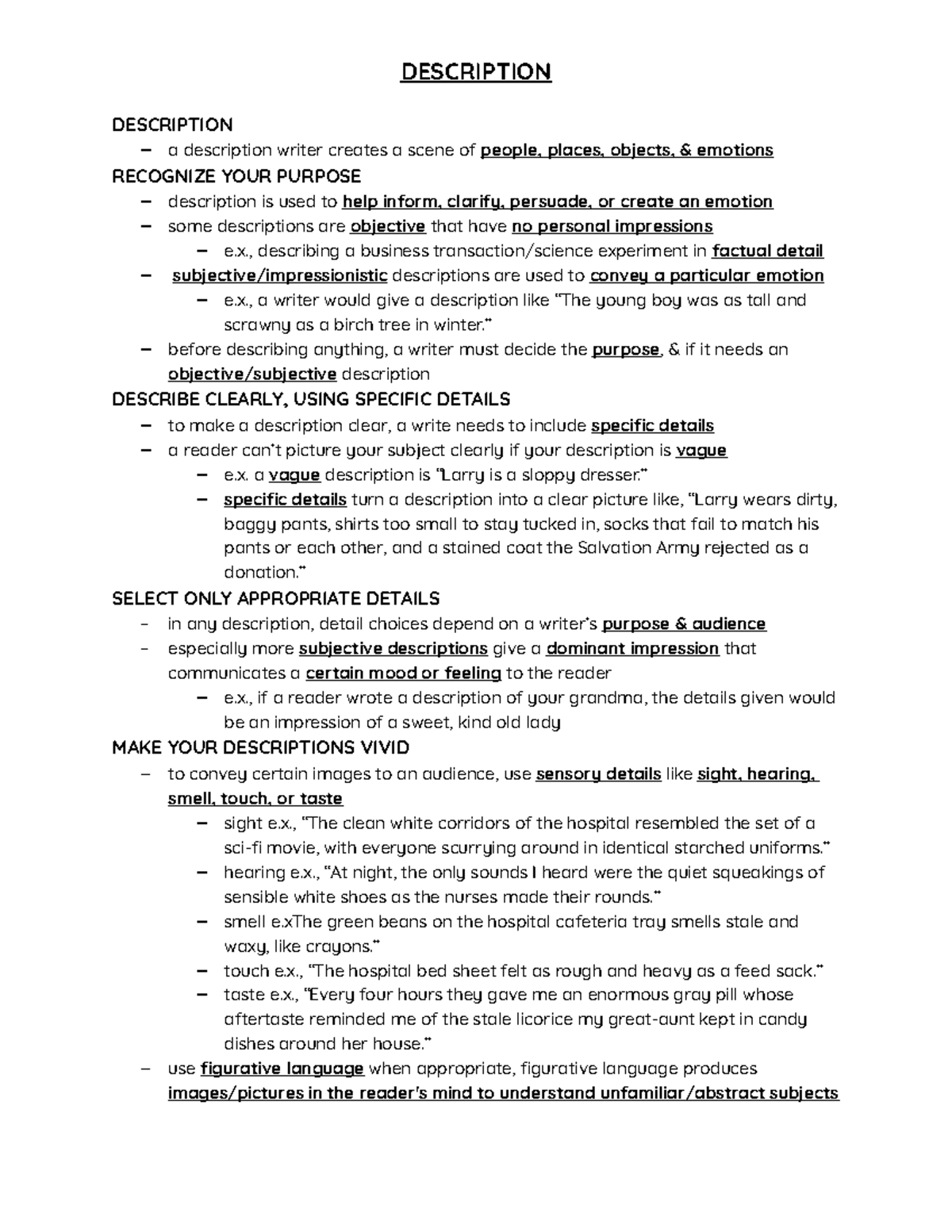 Notes - DESCRIPTION DESCRIPTION ‒ a description writer creates a scene ...