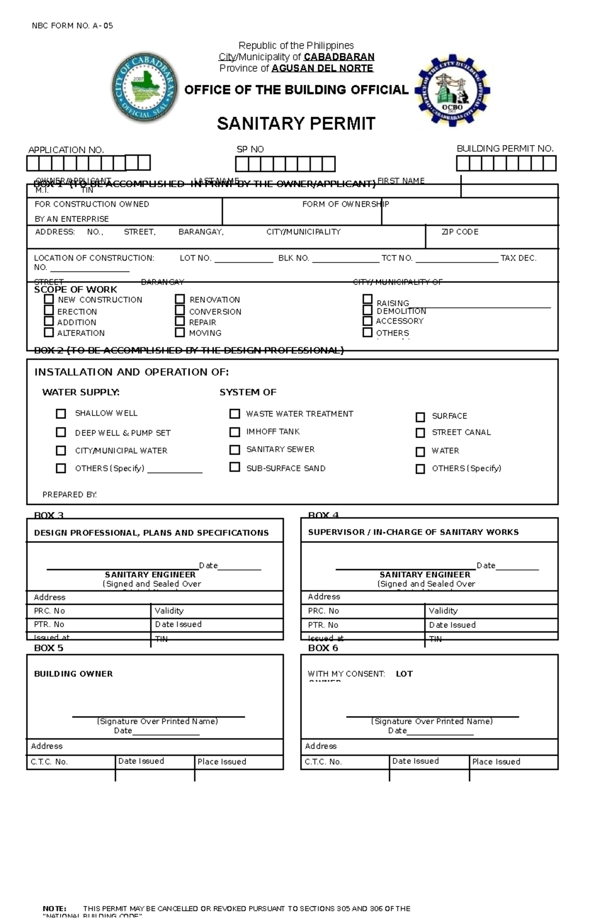 Sanitary Permit Front Nbc Form No A 05 Republic Of The Philippines City Municipality Of