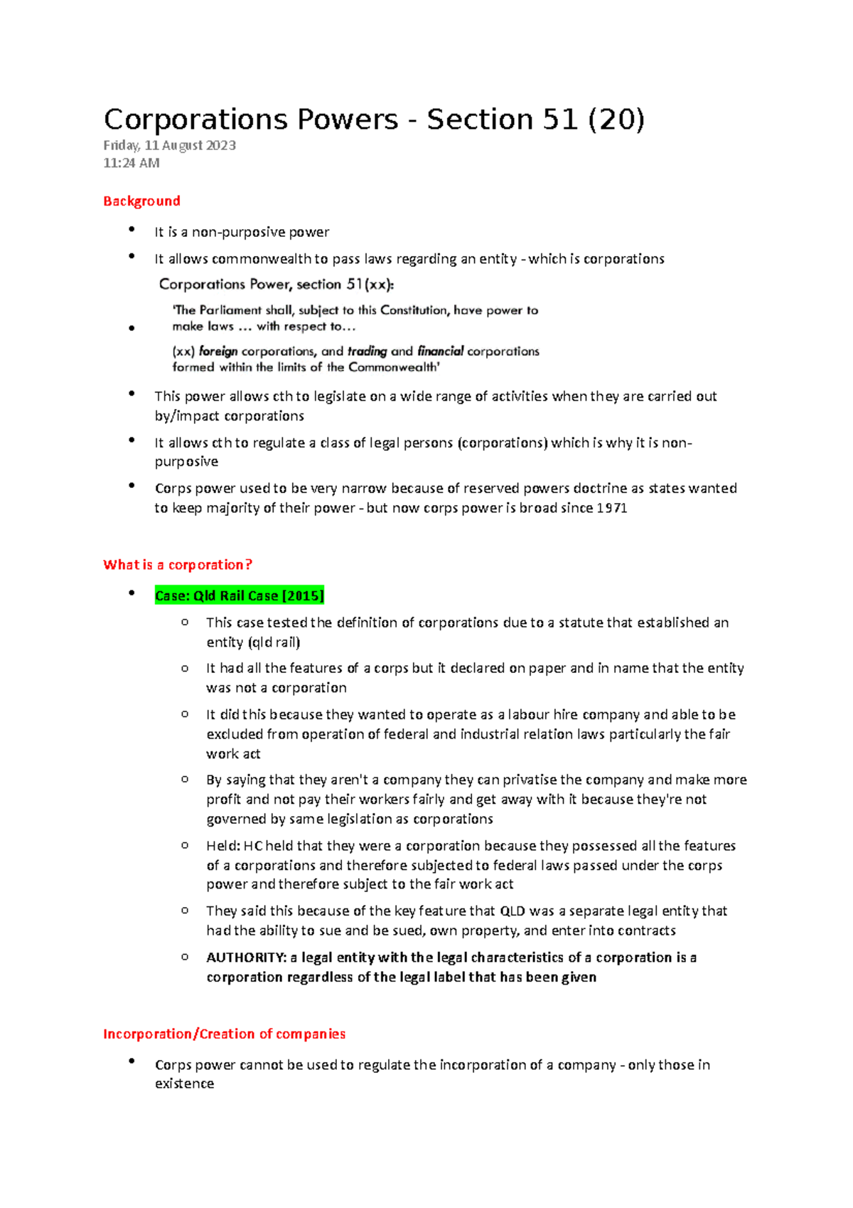 corporations power - Corporations Powers - Section 51 (20) Friday, 11 ...