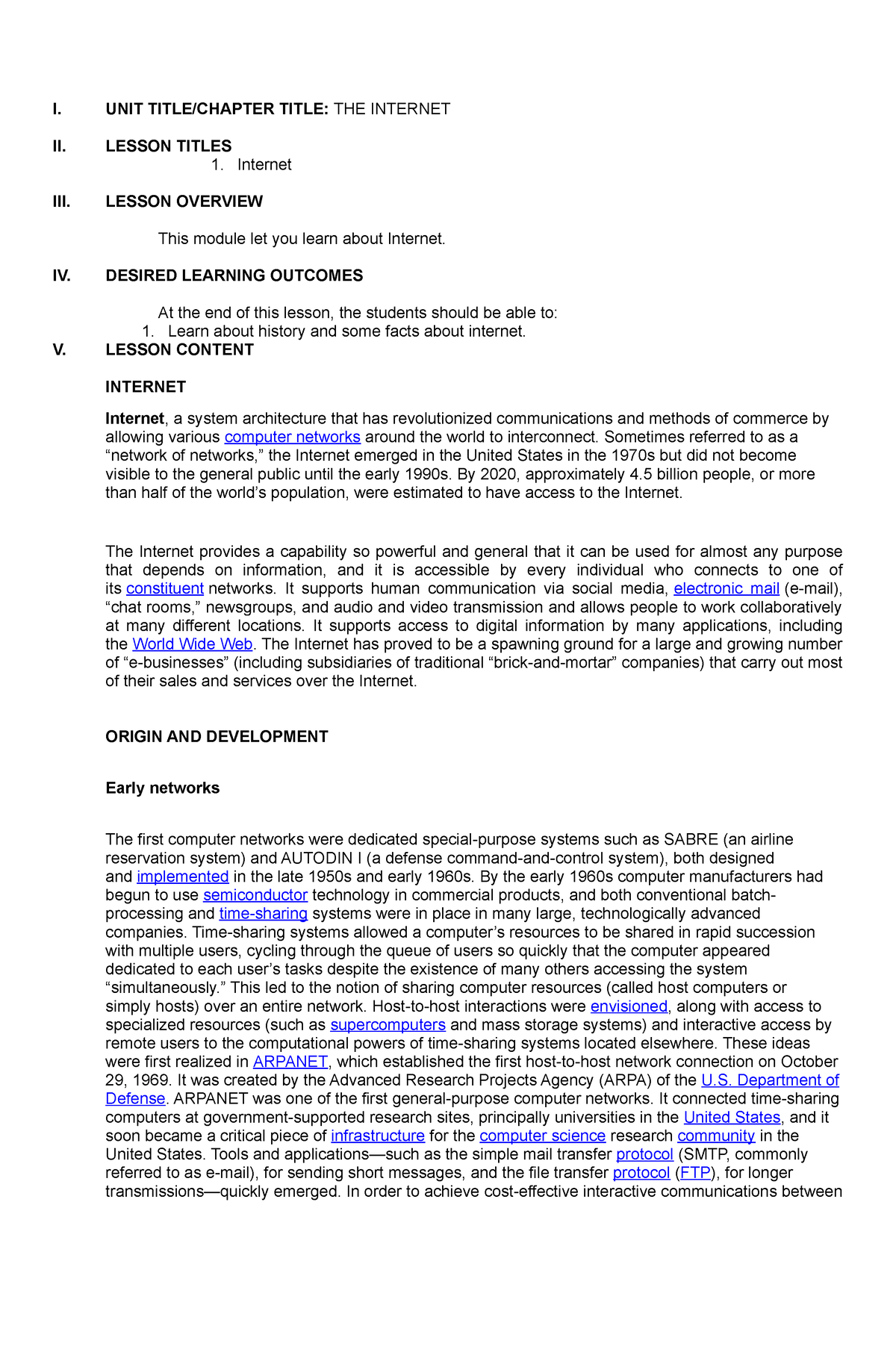 Comp ME 1-04 Midterm - I. UNIT TITLE/CHAPTER TITLE: THE INTERNET II ...