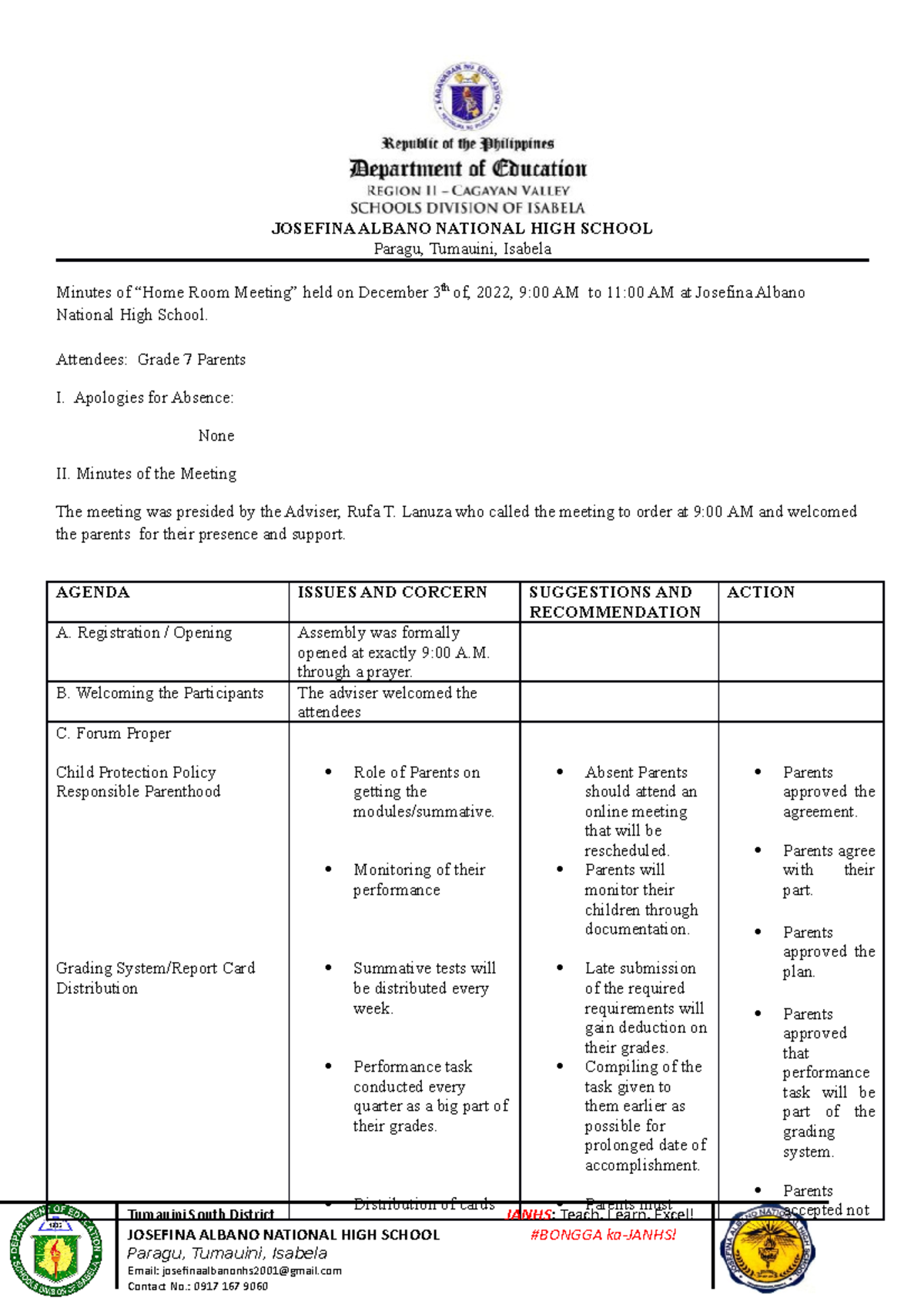 Grade 7 Minutes OF THE Meeting - JOSEFINA ALBANO NATIONAL HIGH SCHOOL ...