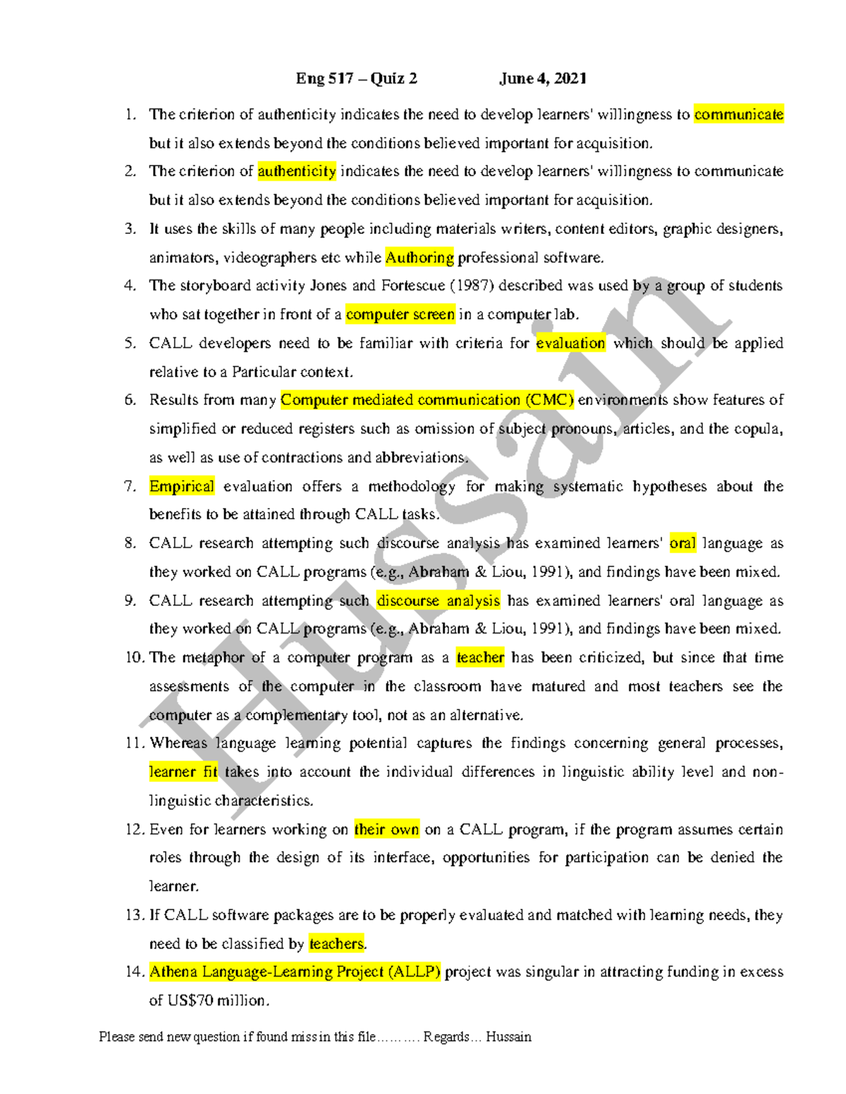 Eng 517 Quiz 2 04 June 2021 A - Please send new question if found miss ...