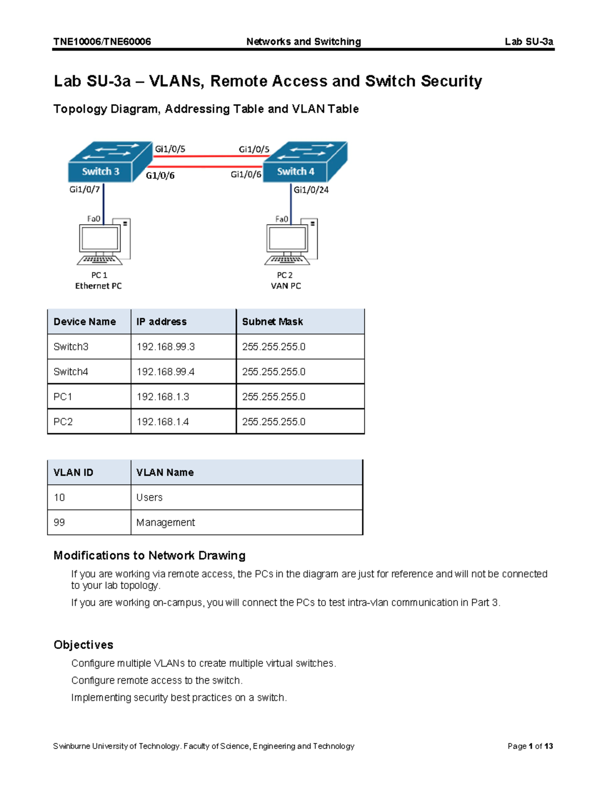 Lab SU-3a - prefer for skill prac - Lab SU-3a – VLANs, Remote Access ...