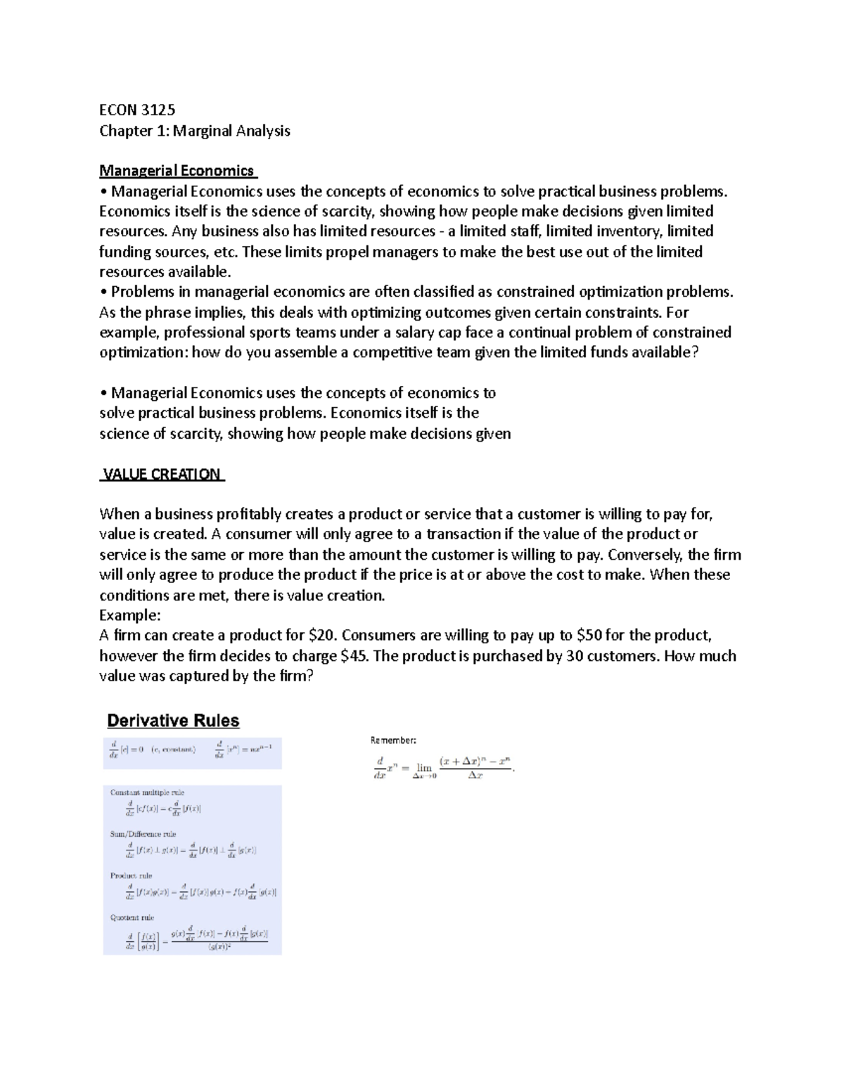 ECON 3125 Ch 1 notes - ECON 3125 Chapter 1: Marginal Analysis ...
