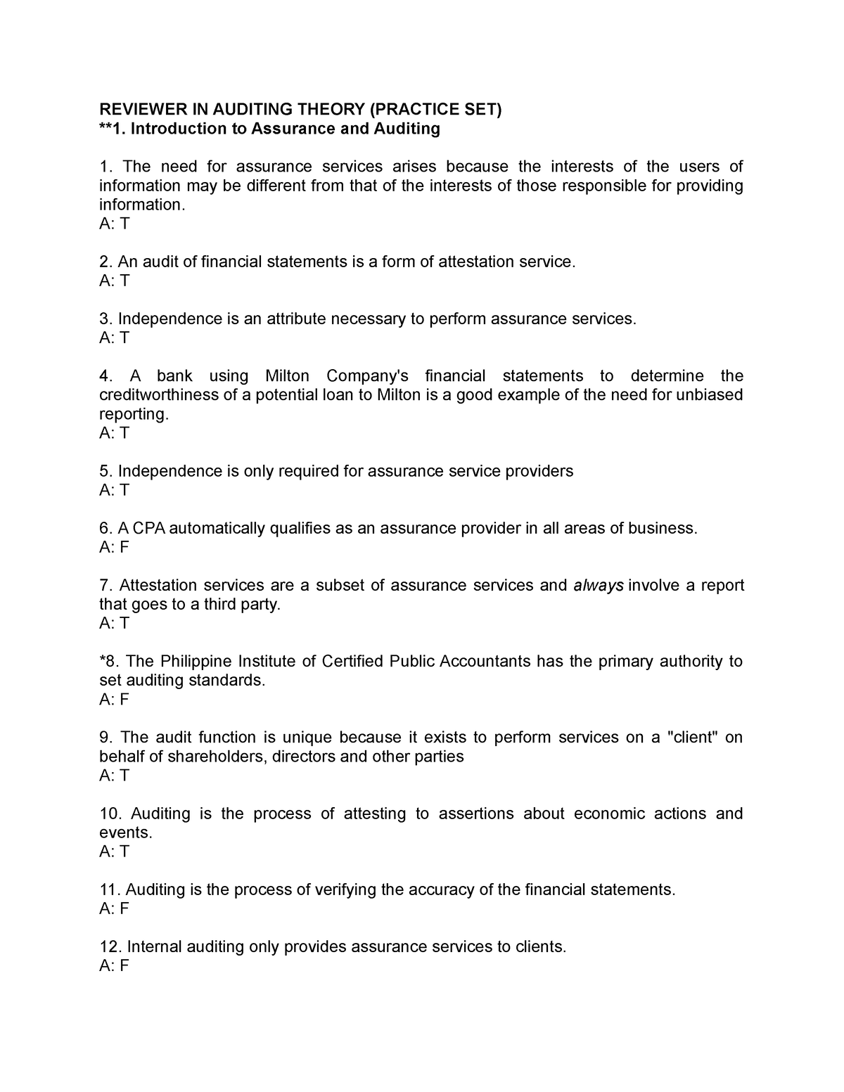 Reviewer IN Auditing Theory - REVIEWER IN AUDITING THEORY (PRACTICE SET ...