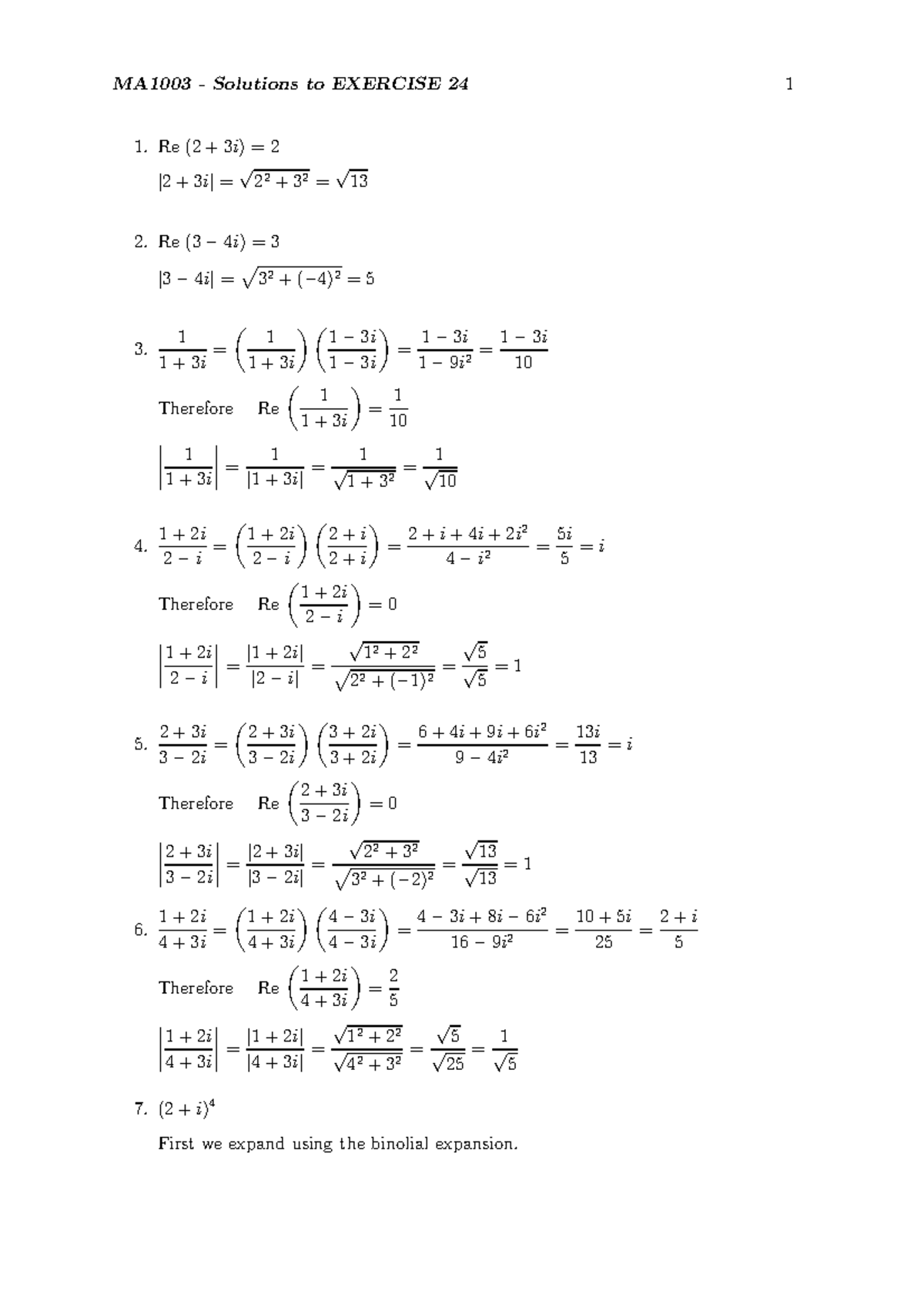 Exercise 24 Solutions - MA1003 - Solutions to EXERCISE 24 1 Re (2 + 3i ...