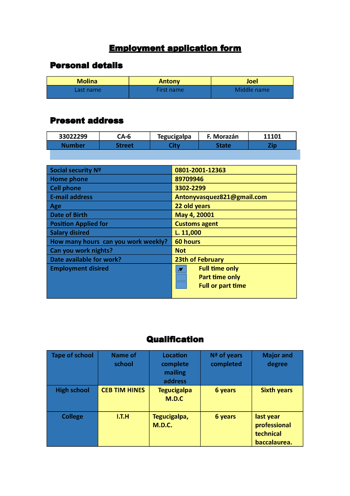 Job Application Form 2 Employment Application Form Personal Details Molina Antony Joel Last 5760