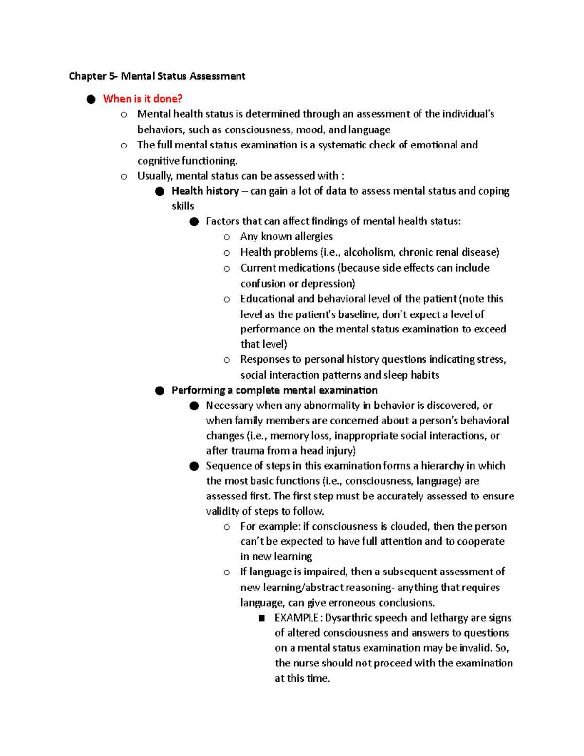 Chapter 5 Health Assessment - Chapter 5- Mental Status Assessment When ...