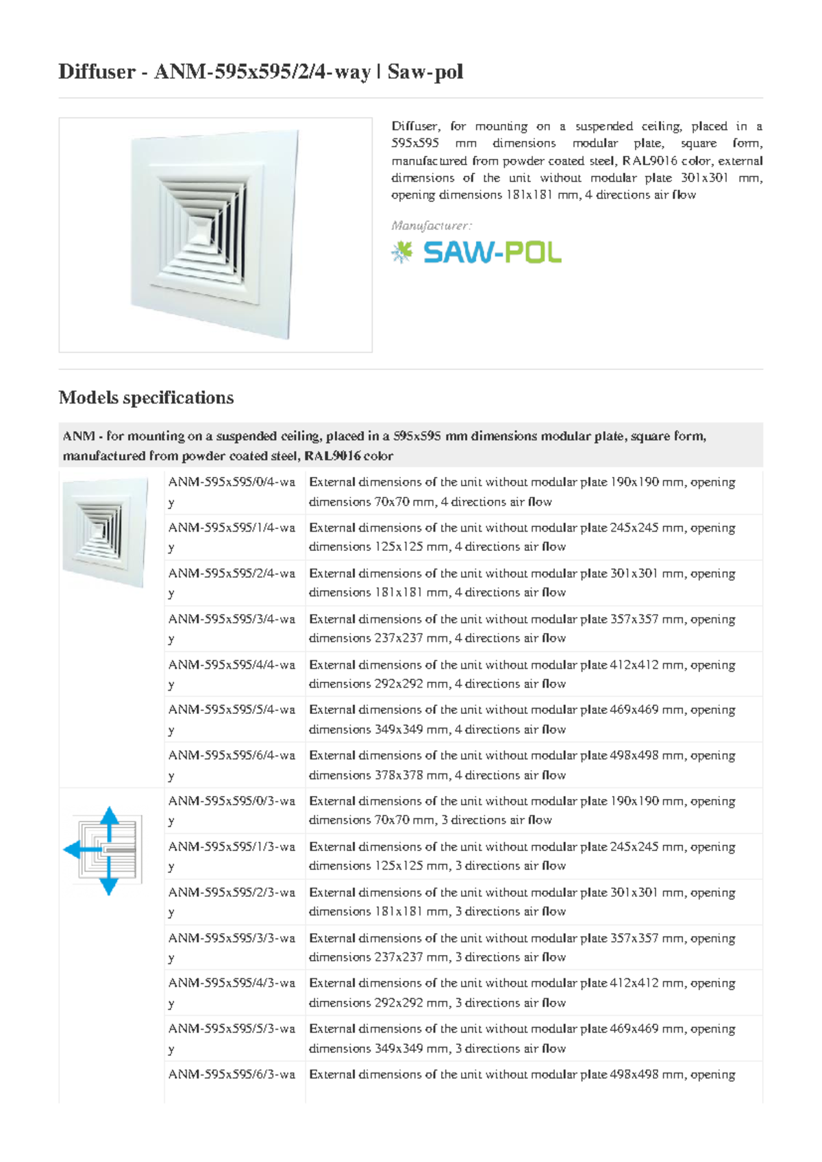 Diffuser - ANM-595x595-2-4-way - Saw-pol - Diffuser - ANM-595x595/2/4 ...
