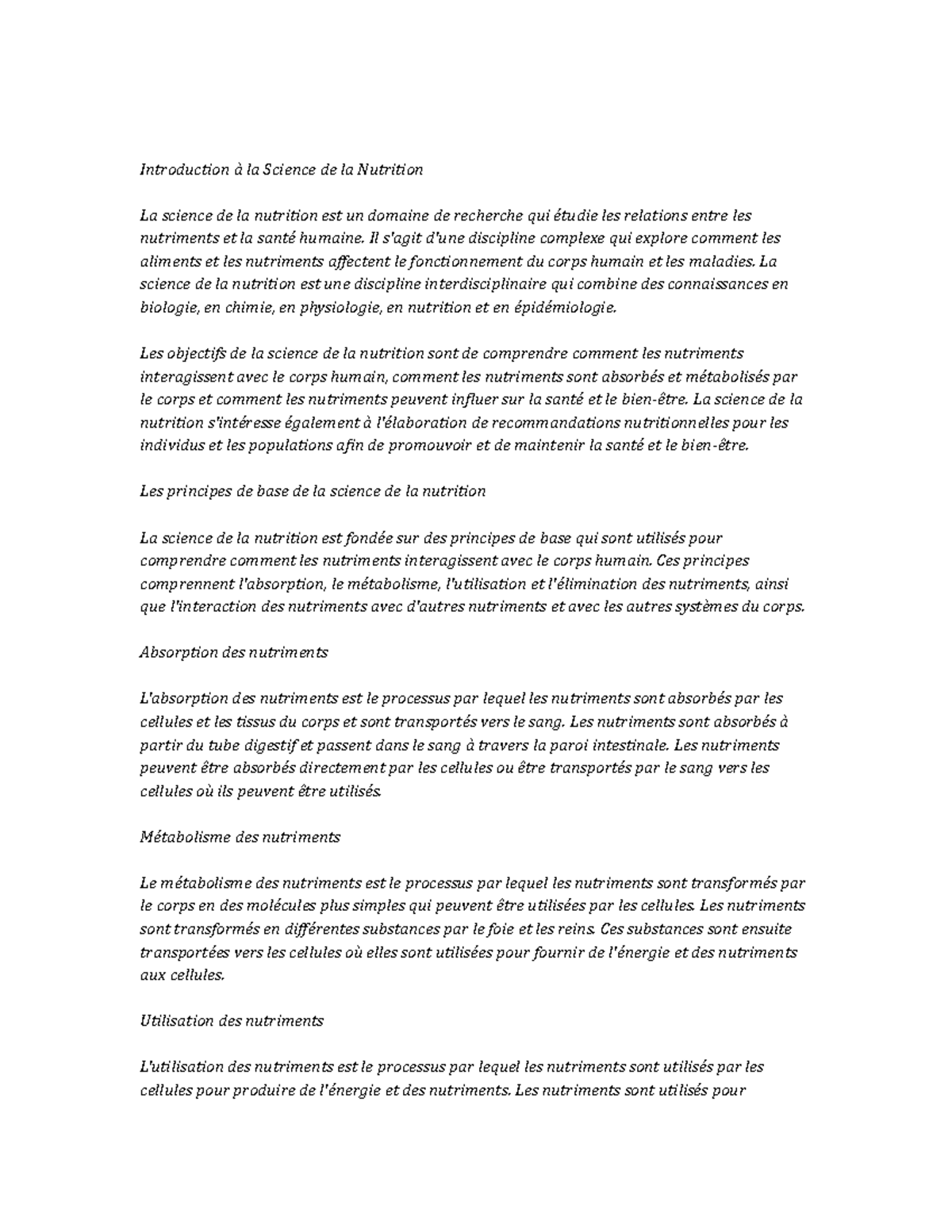 Nutrition Science Study Notes Introduction La Science De La