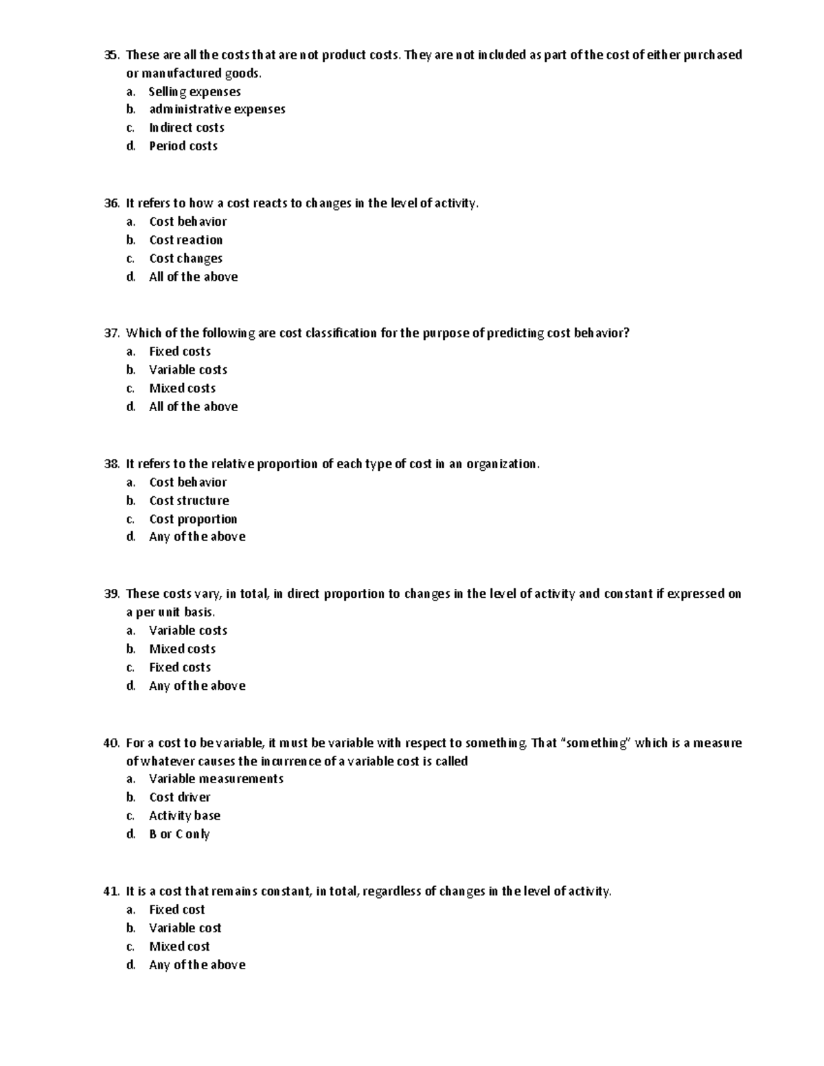 Part 6 - multiple choice - These are all the costs that are not product ...