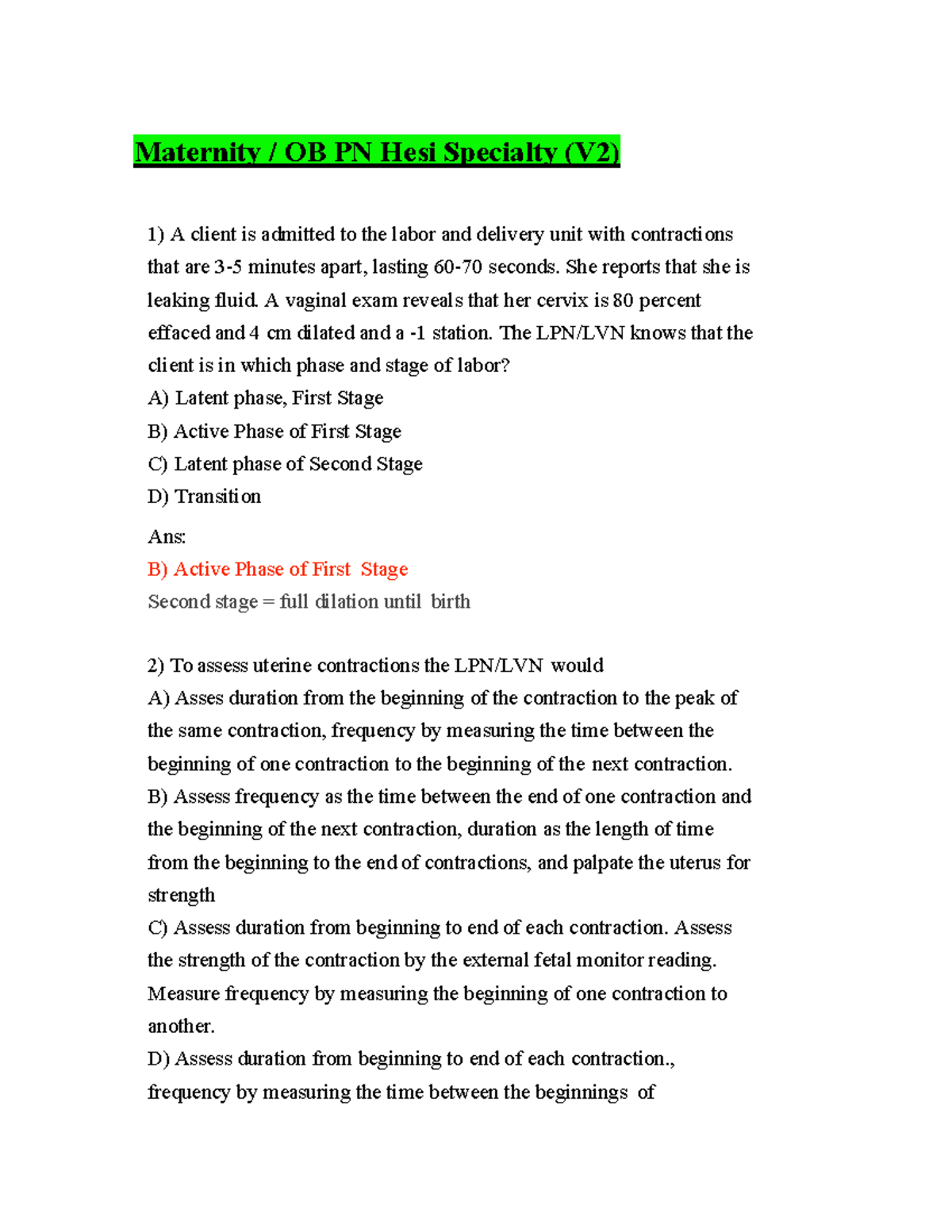 Hesi maternity ob specailty exam 55 q a v2 2023 updated questions with