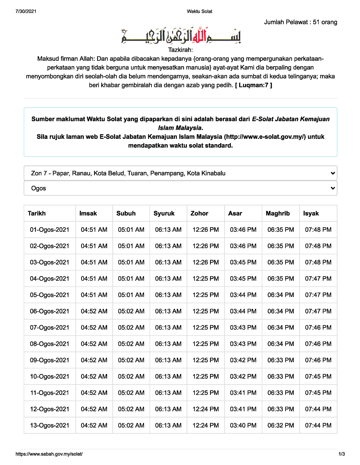 Jadual solat - jangan baca x penting pun - Ums Sejati ( Brassband ...