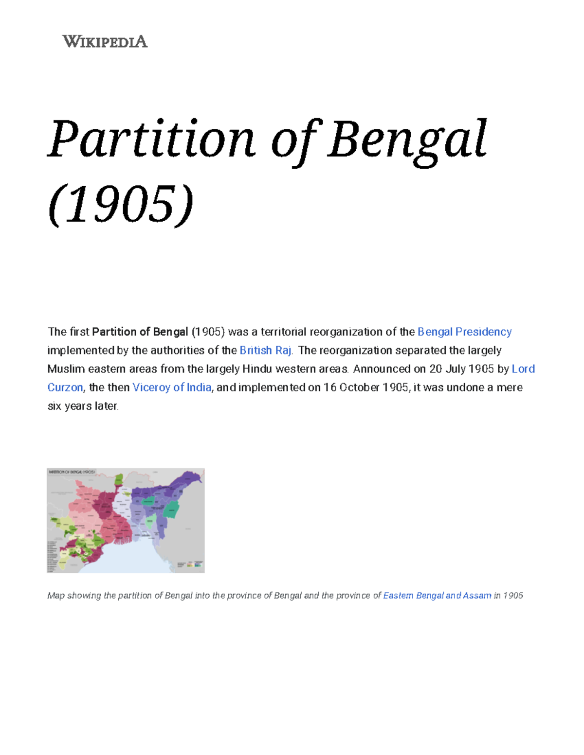 Partition of Bengal (1905) Partition of Bengal (1905) The first