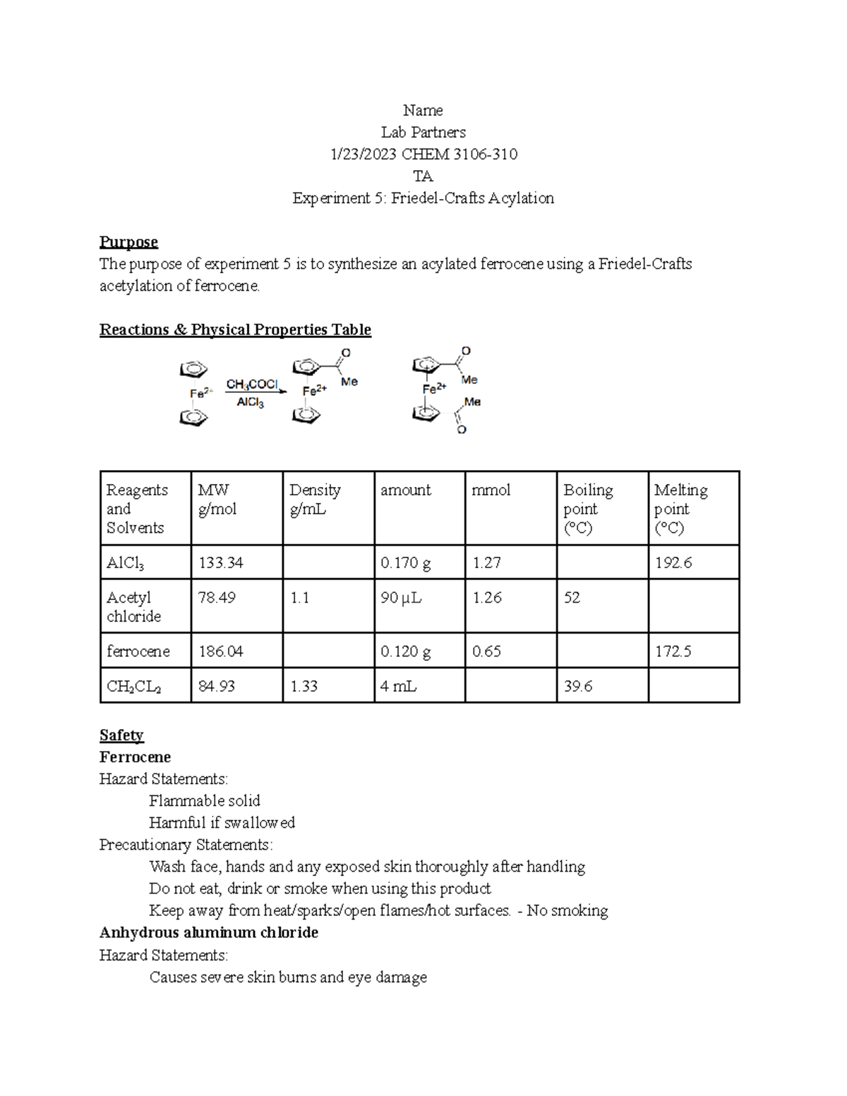 Copy of CHEM 3106 Experiment 5 - Name Lab Partners 1/23/2023 CHEM 3106 ...