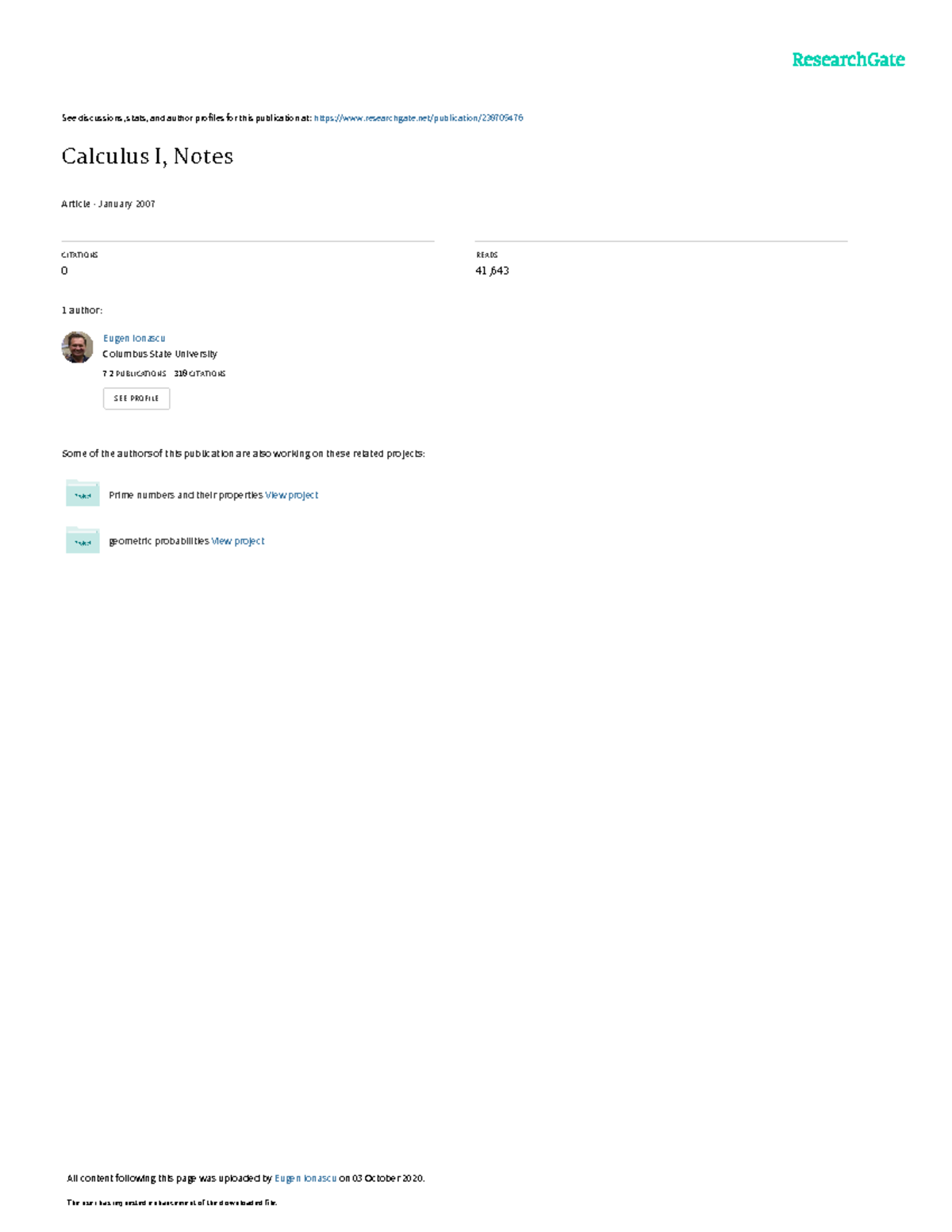 17. Calculus, Class Notes Autor Eugen J. Ionascu - See discussions ...