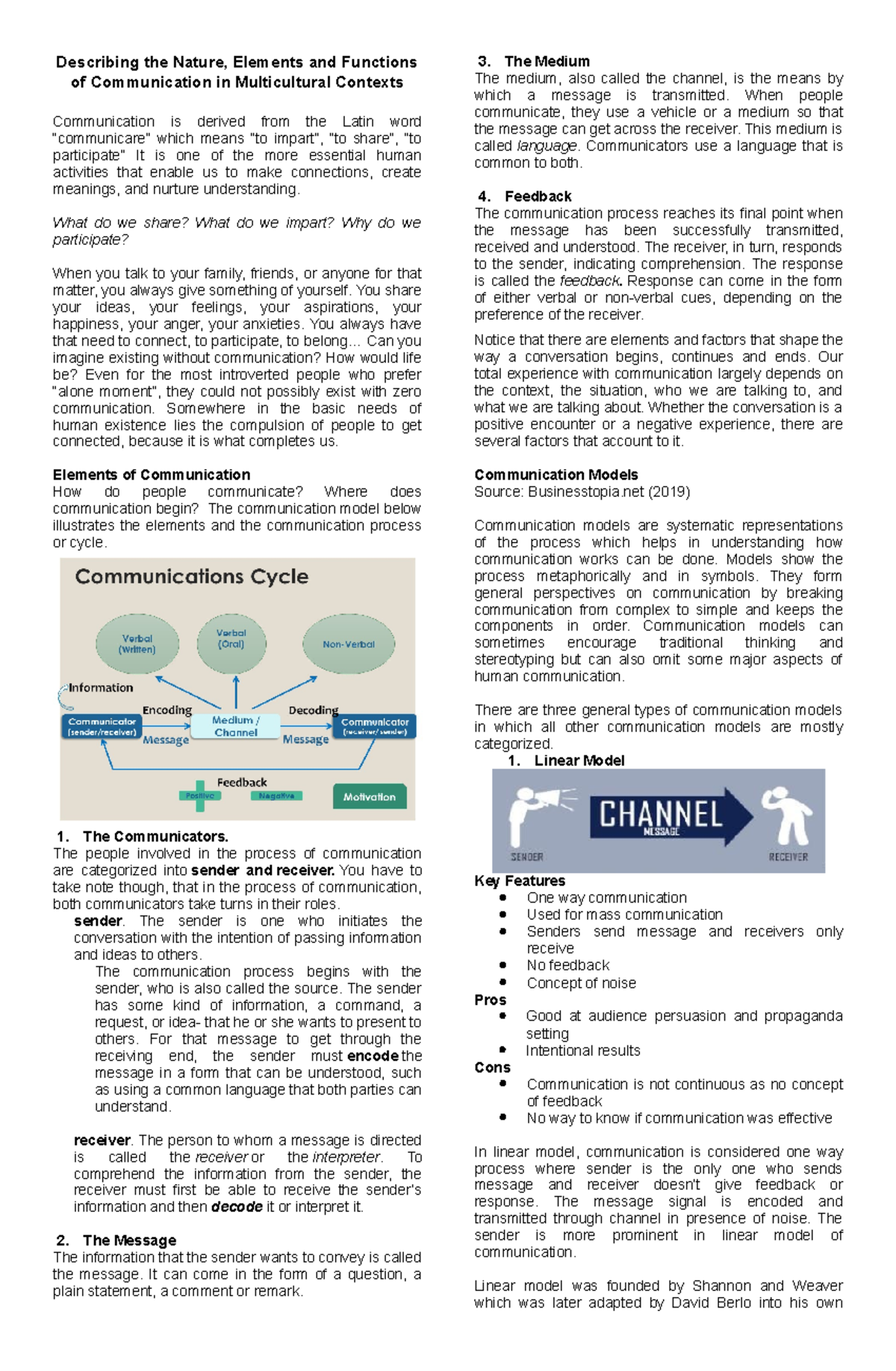 Pur Com-Lessons - Lecture notes 1 - Describing the Nature, Elements and  Functions of Communication - Studocu