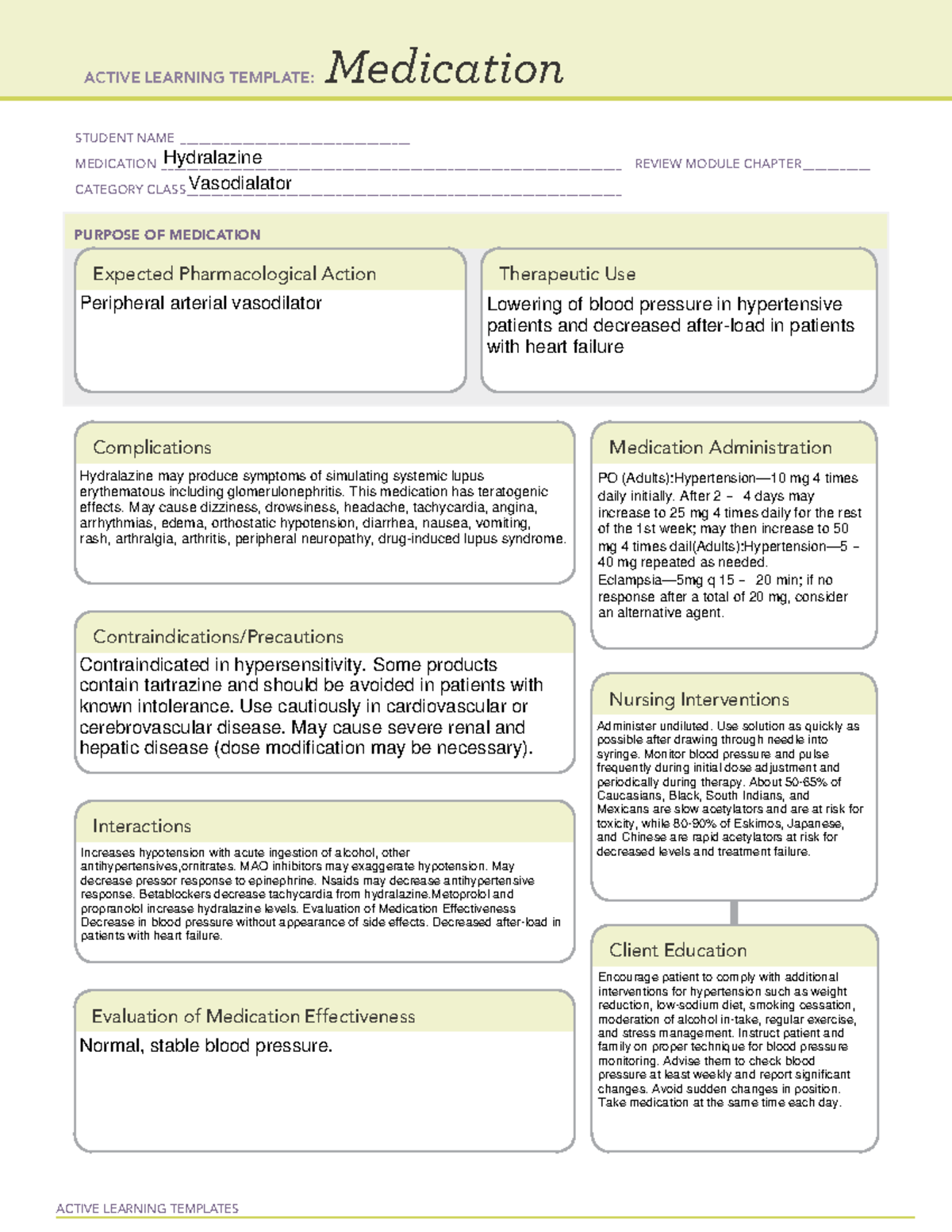 Hydralazine - Active Learning Templates Medication Student Name - Studocu