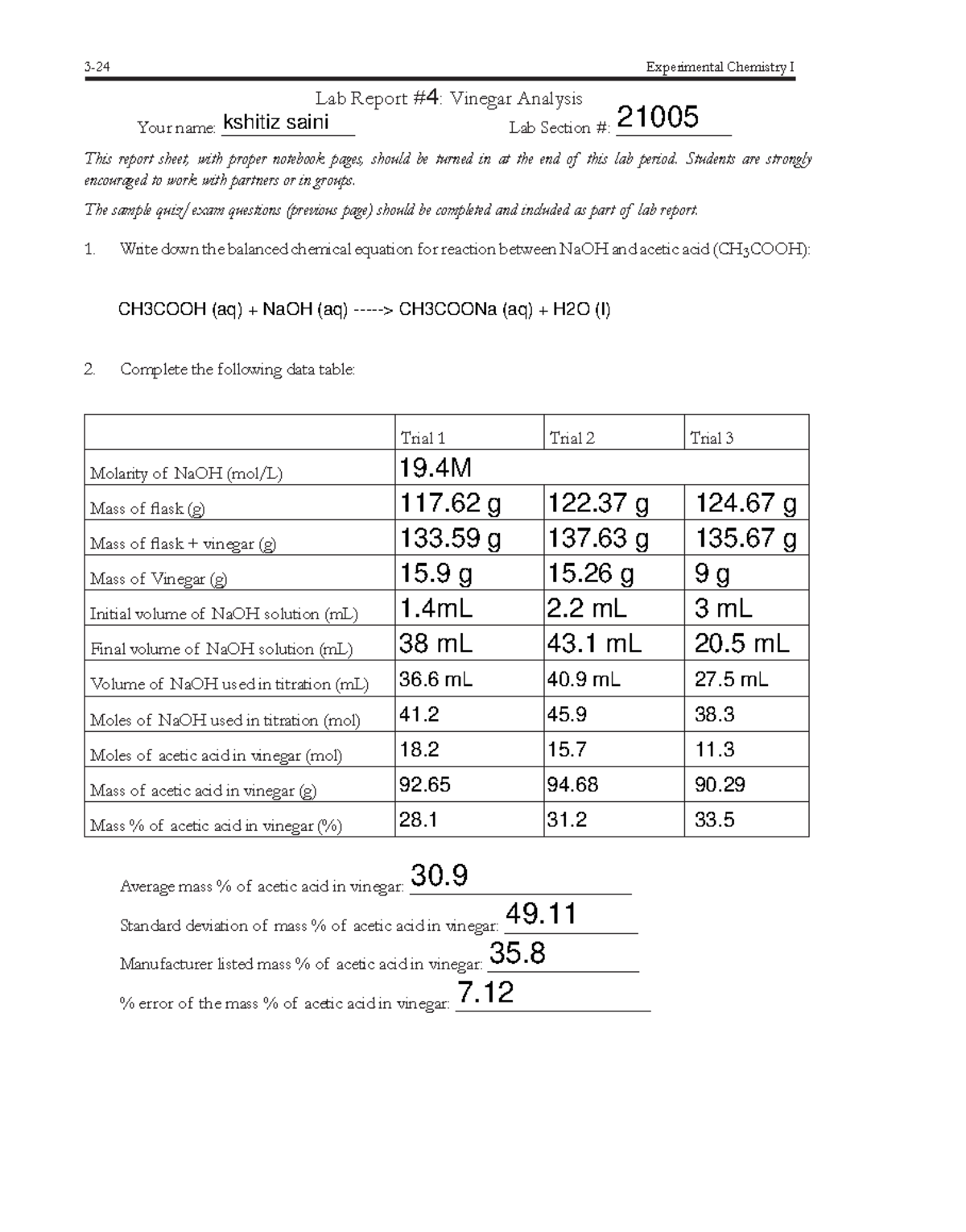 Lab Report 4 Vinegar Analysis CHEM105 IUPUI Studocu